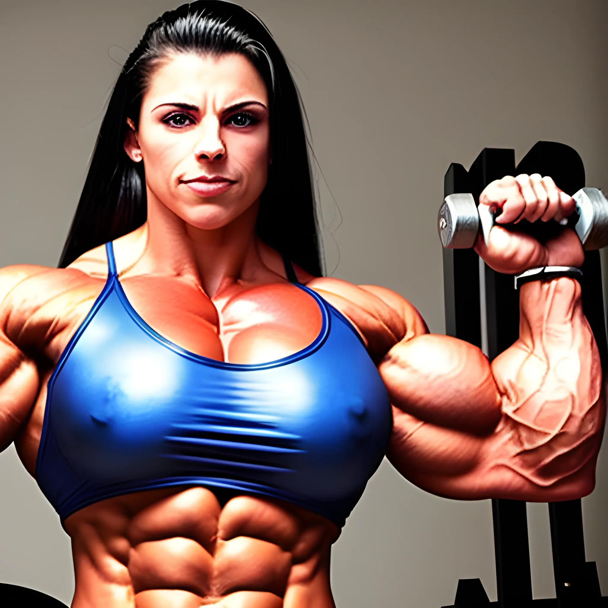 25 year-old, hyper-muscular woman, massive female bodybuilder, supersize traps, squeezing incredibly hard, high quality photo