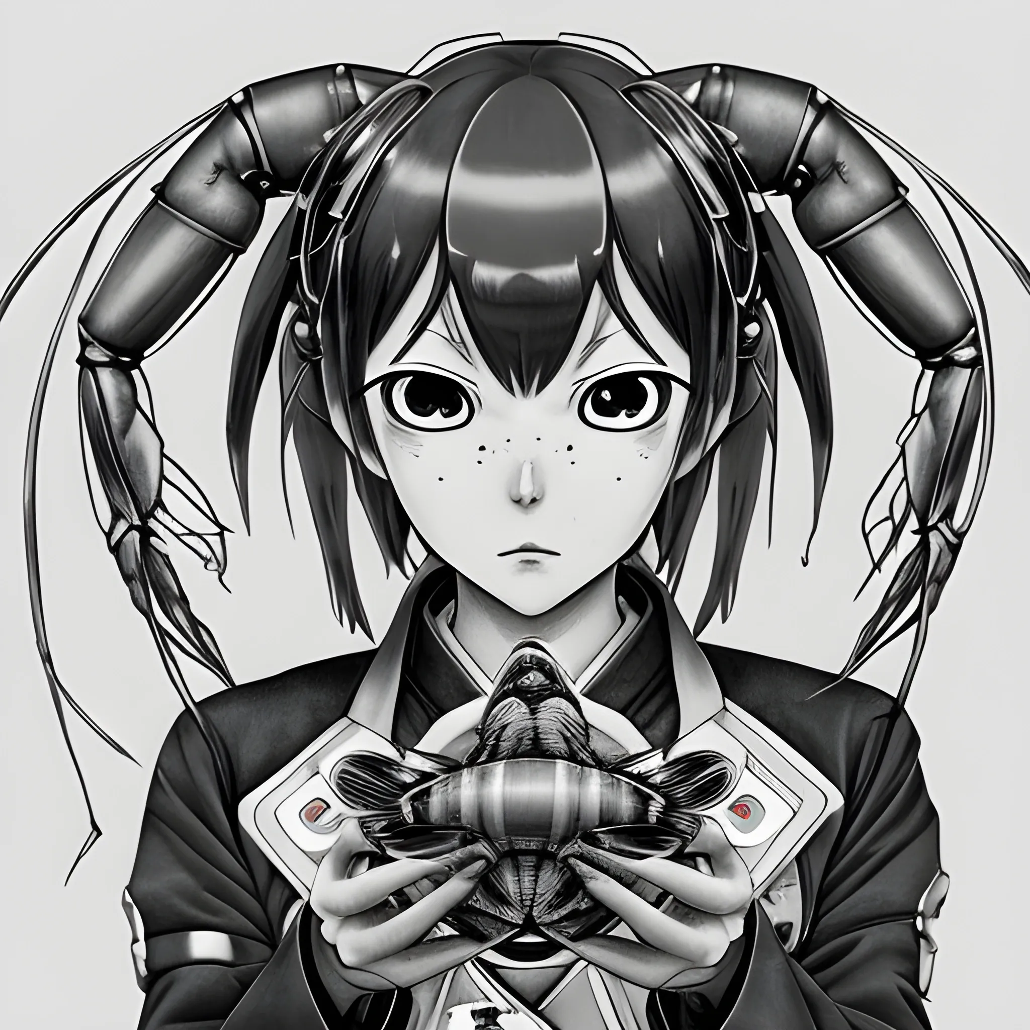 , Pencil Sketch, Trippy,cyberpunk art, by Jin Homura,yami shibai kantai collection,the anime is holding up her shrimp for her photo. It is an ugly woman and her face is in the center of the anime is holding up her shrimp for her photoynthesis,unexpected photo composition; humorous and unconventional, Water Color, Pencil Sketch