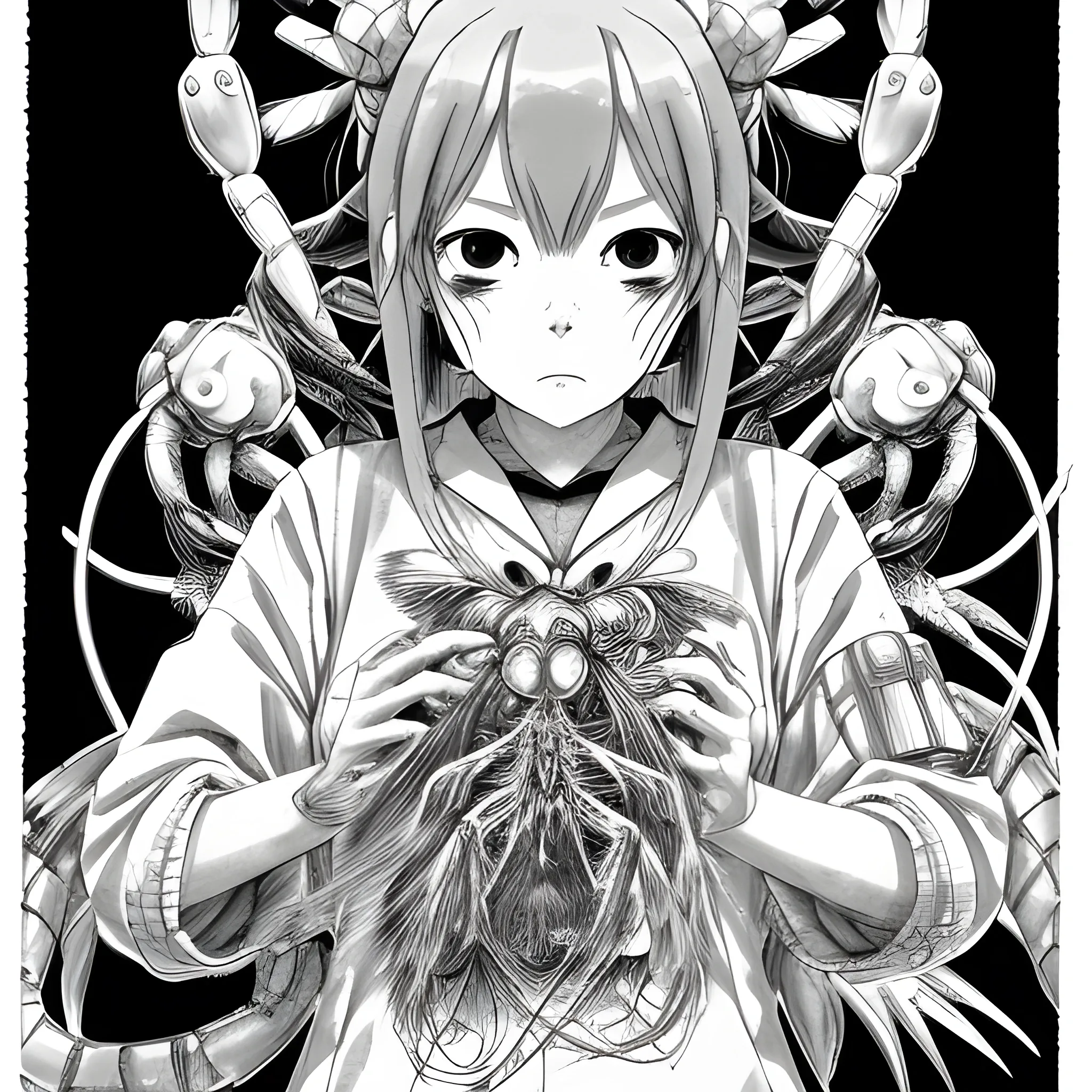 , Pencil Sketch, Trippy,cyberpunk art, by Jin Homura,yami shibai kantai collection,the anime is holding up her shrimp for her photo. It is an ugly woman and her face is in the center of the anime is holding up her shrimp for her photoynthesis,unexpected photo composition; humorous and unconventional, Water Color, Pencil Sketch