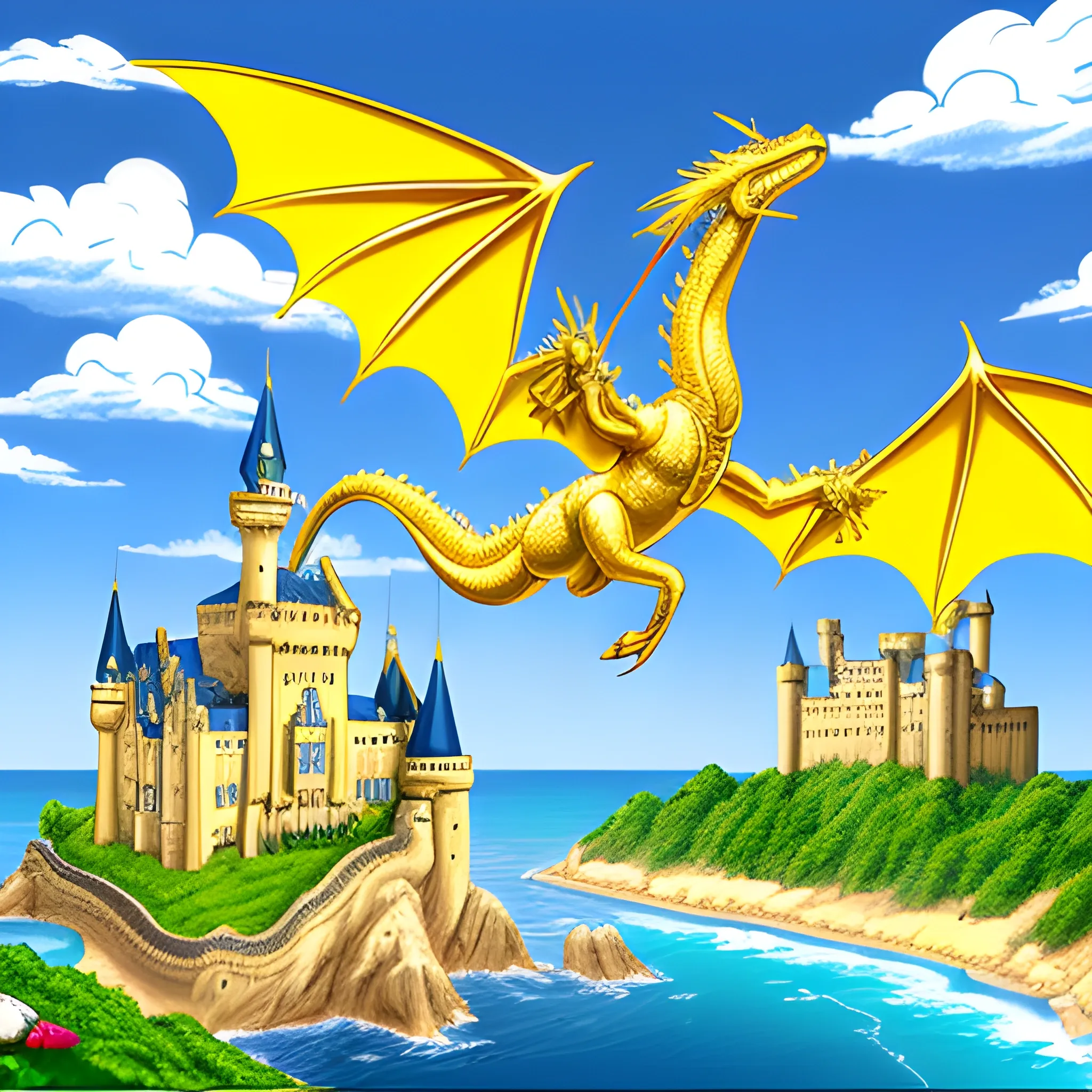 Widescreen gold dragon soaring over a castle on a seashore, Cartoon