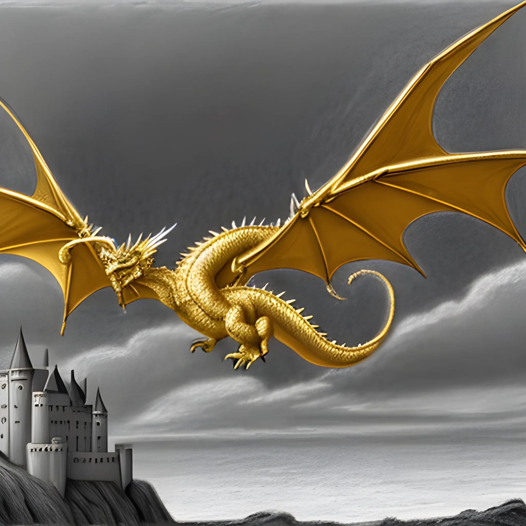 Widescreen gold dragon soaring over a castle on a seashore, Pencil Sketch,