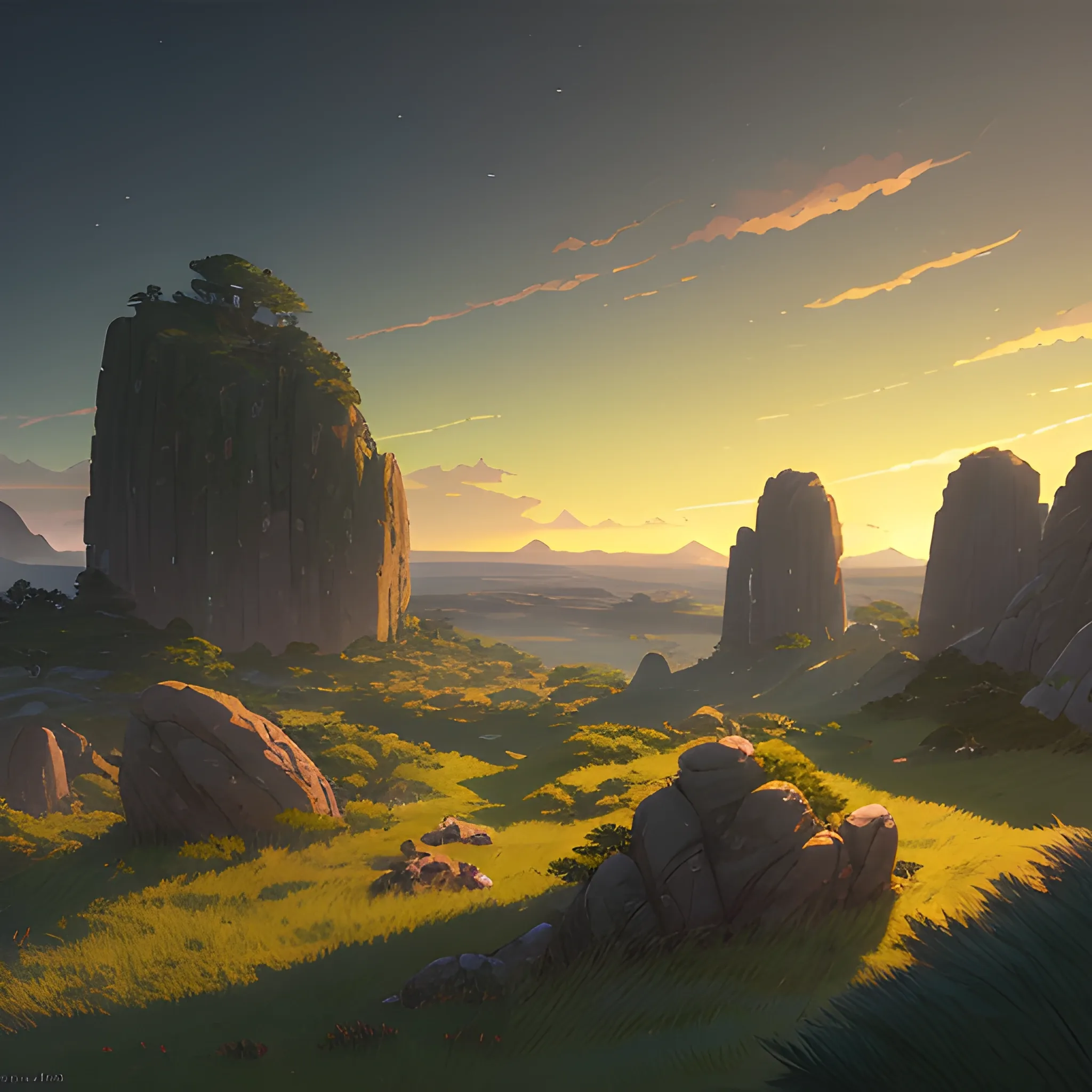 night, a top view of a giants rocks, grasses... in the style of makoto shinkai and greg rutkowski and albert bierstadt and james gurney