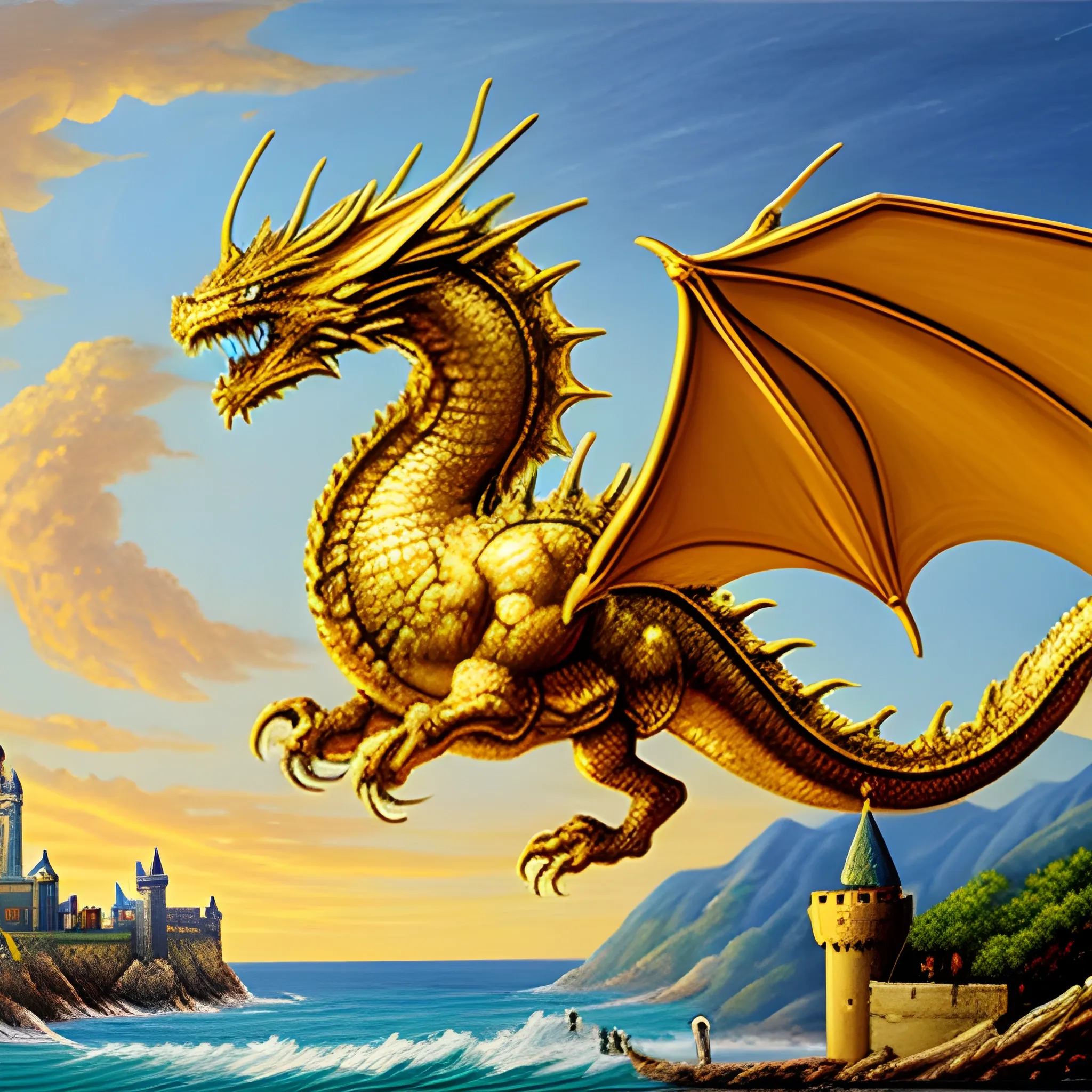 Widescreen gold dragon soaring over a castle on a seashore, , Oil Painting