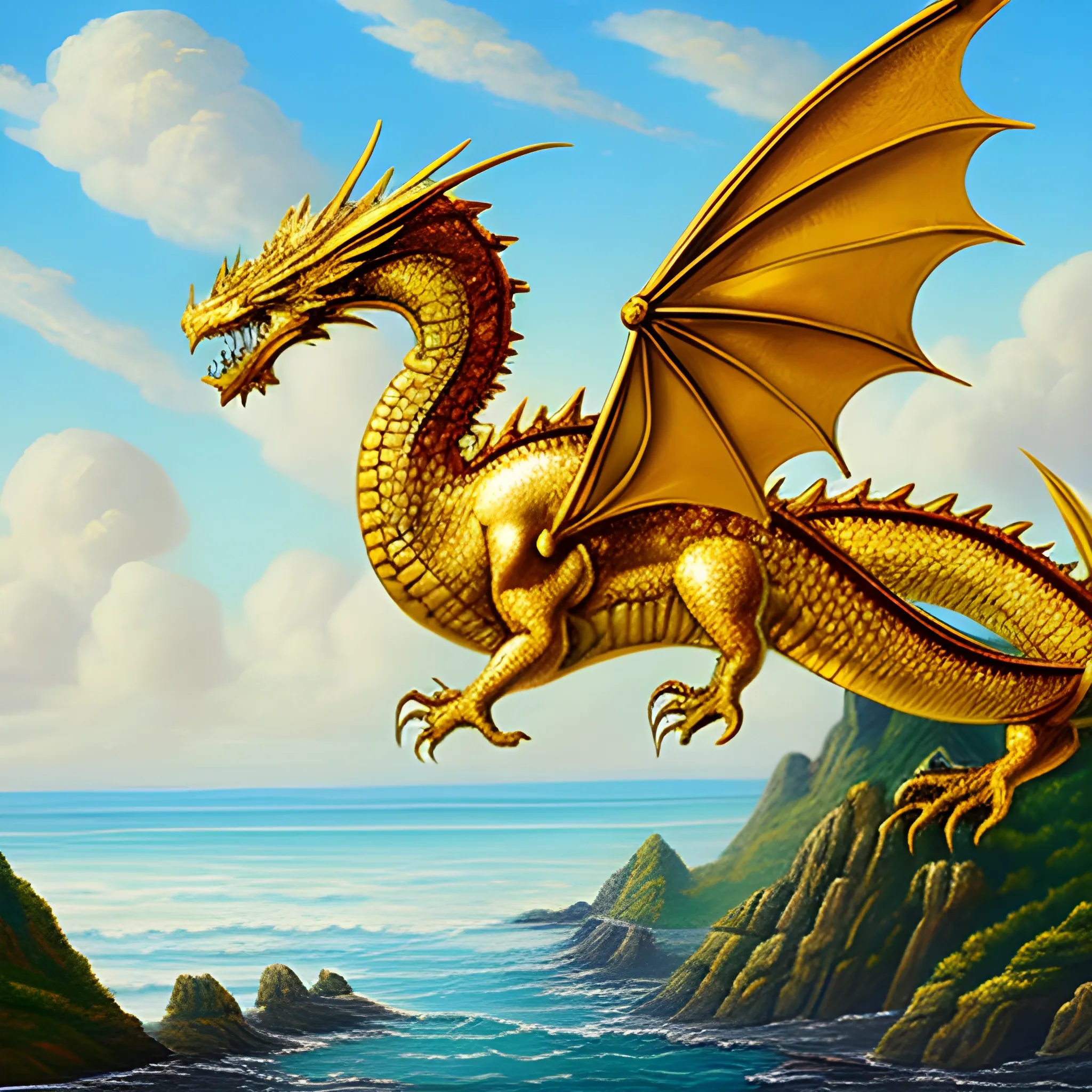 Widescreen gold dragon soaring over a castle on a seashore, Oil Painting