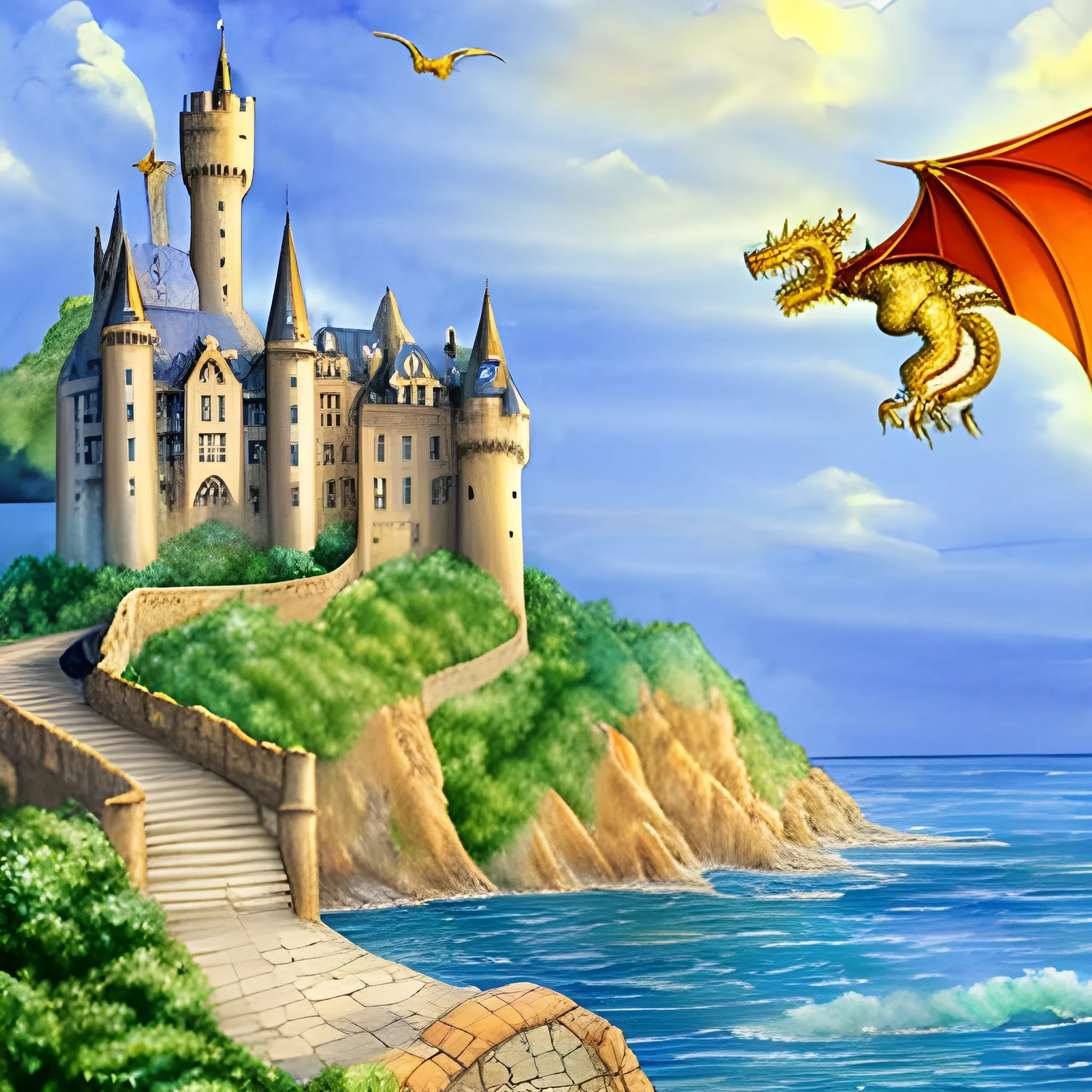 Widescreen gold dragon soaring over a castle on a seashore, Water Color