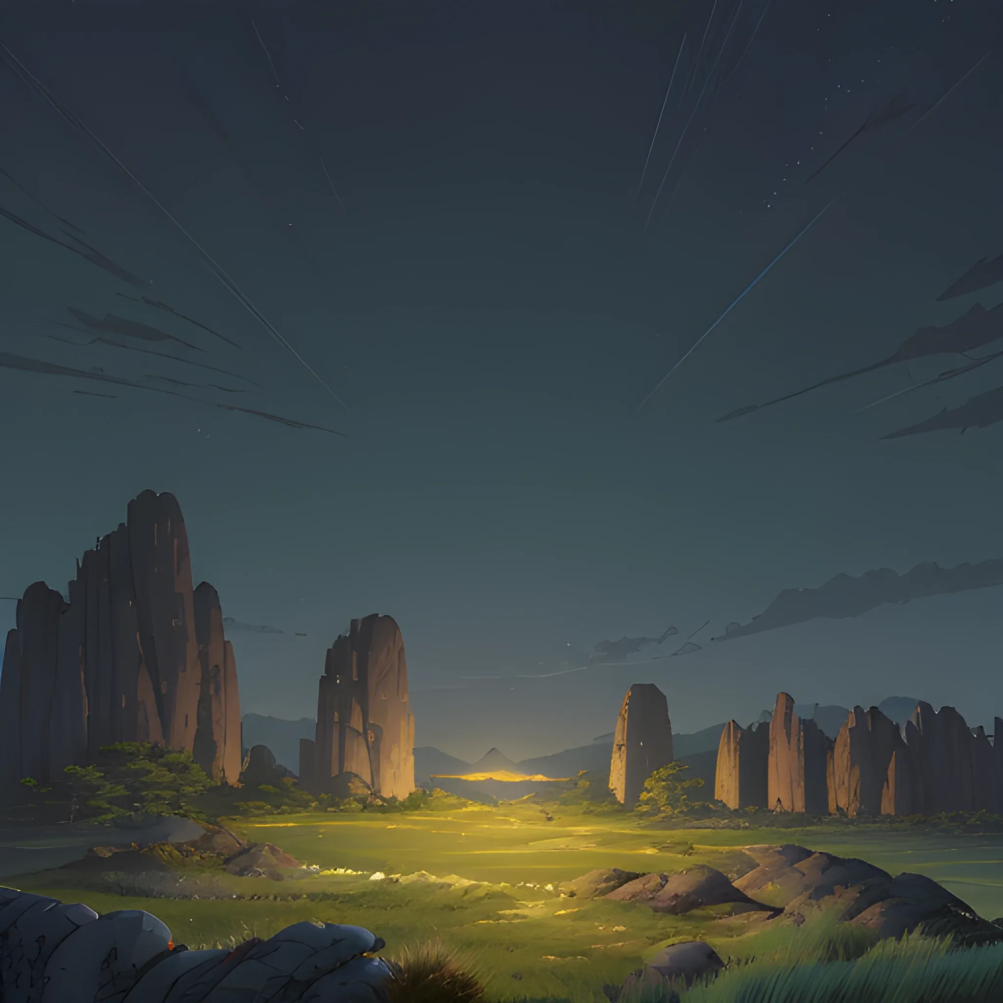 night, a top view of a giants rocks, grasses... in the style of makoto shinkai and greg rutkowski and albert bierstadt and james gurney