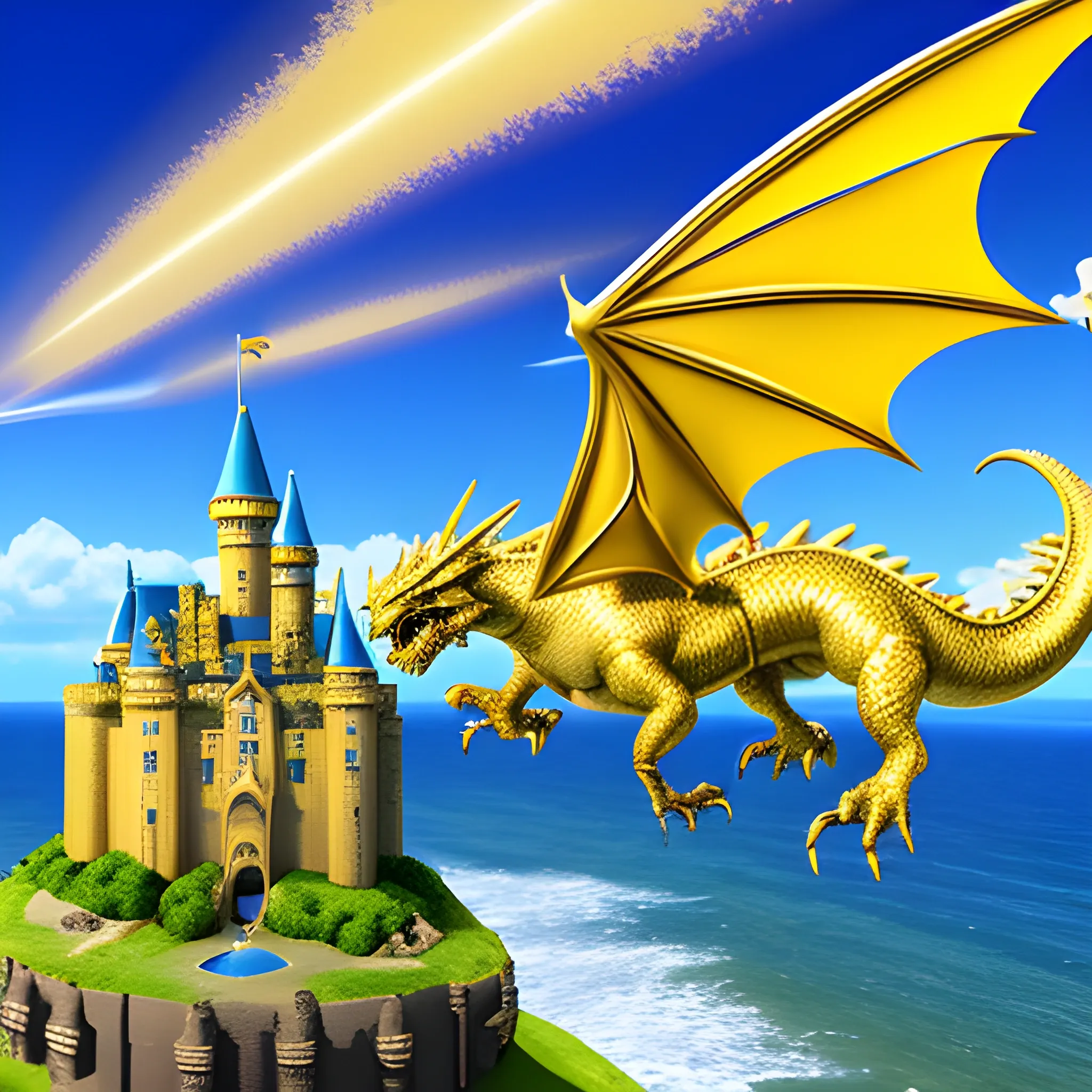 Widescreen gold dragon soaring over a castle on a seashore, 3D, Trippy