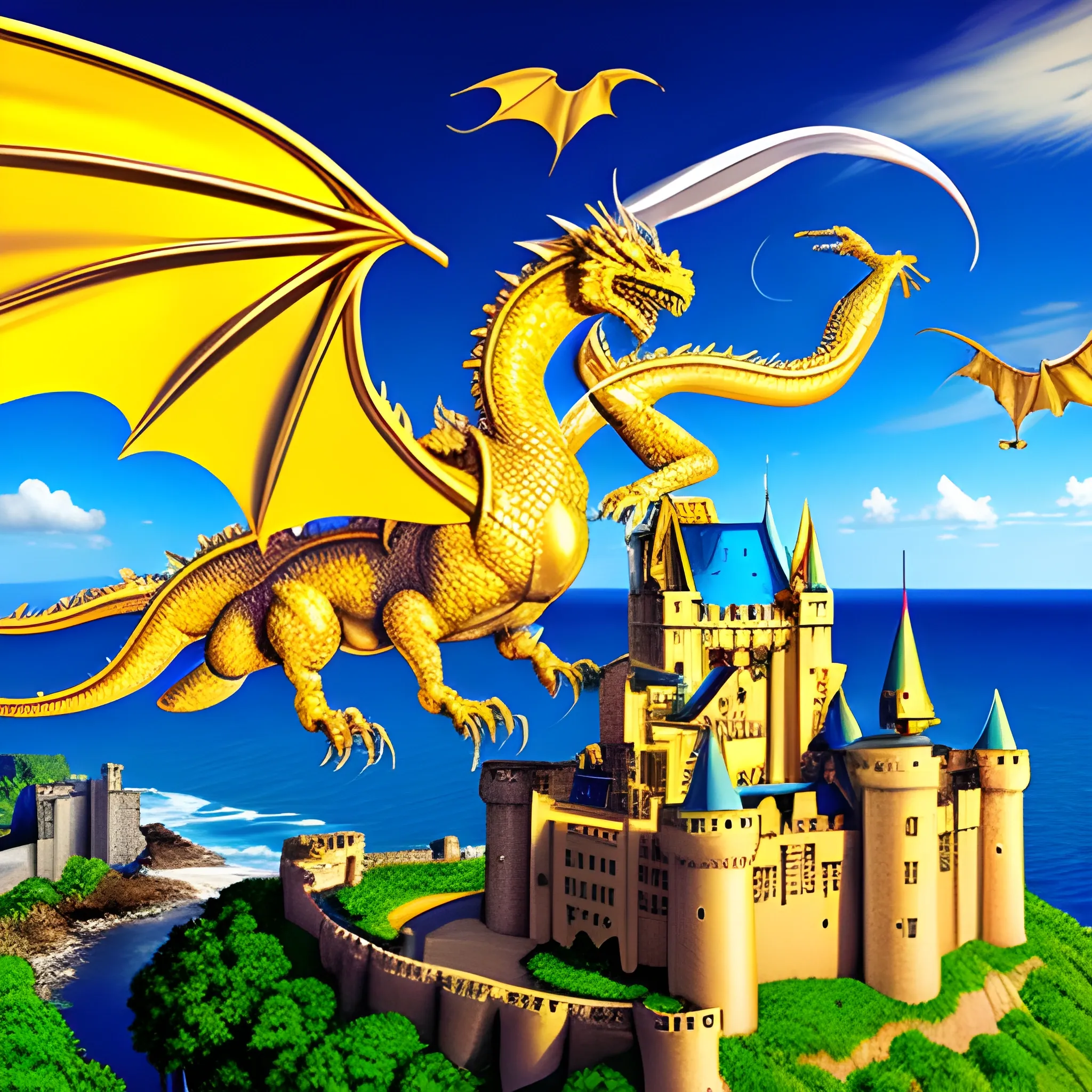 Widescreen gold dragon soaring over a castle on a seashore, Trippy