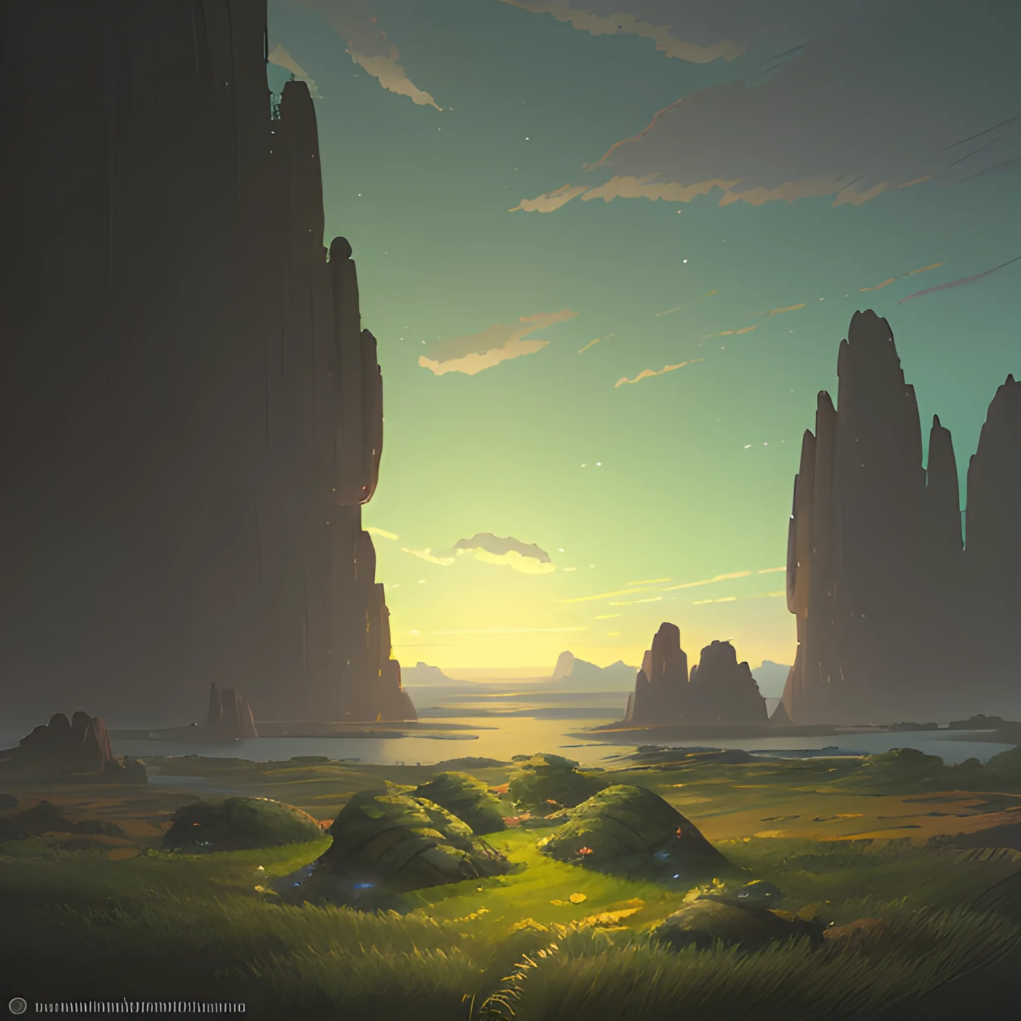 in the night. a top view of a giants rocks, grasses... in the style of makoto shinkai and greg rutkowski and albert bierstadt and james gurney