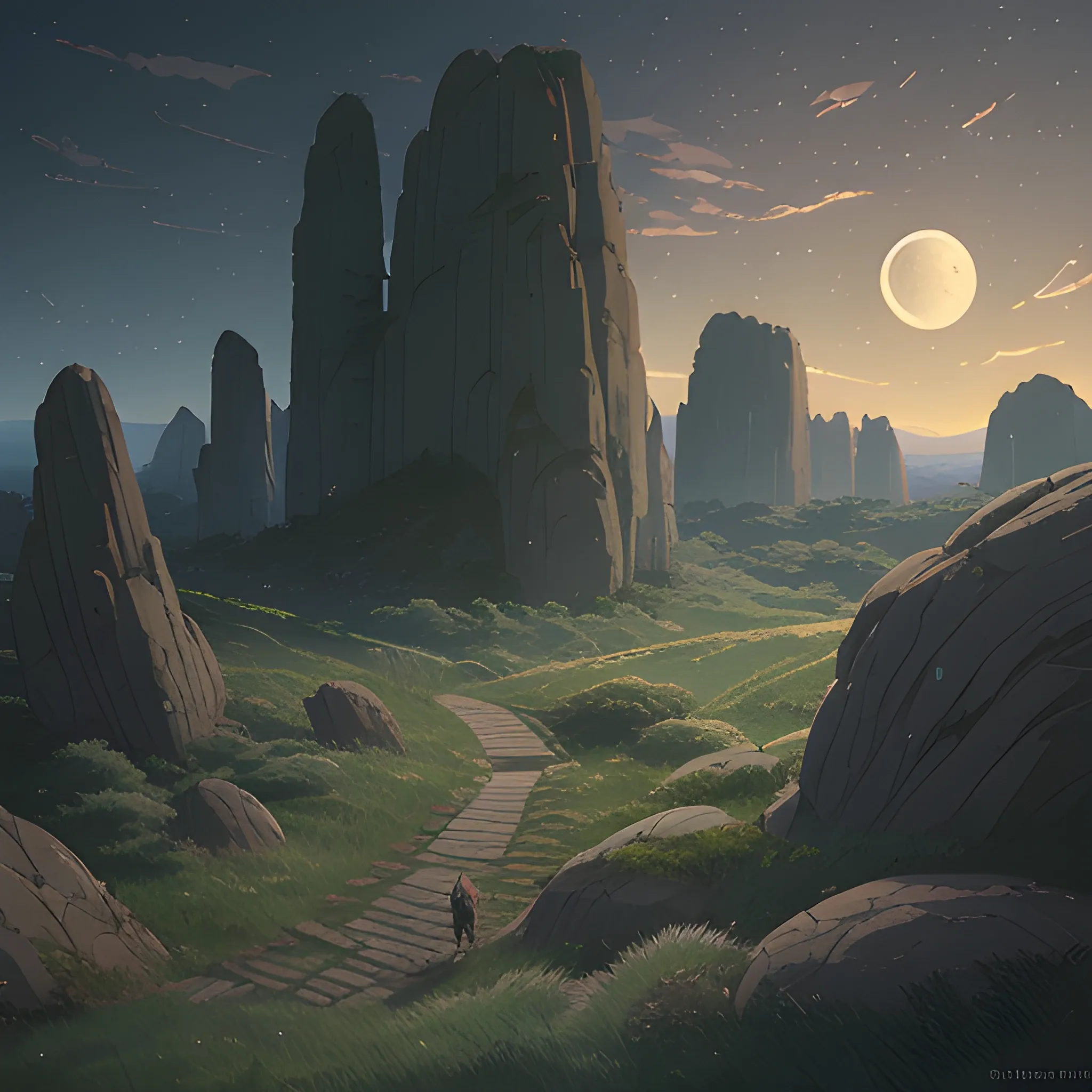 in the night, with moon. a top view of a giants rocks, grasses... in the style of makoto shinkai and greg rutkowski and albert bierstadt and james gurney