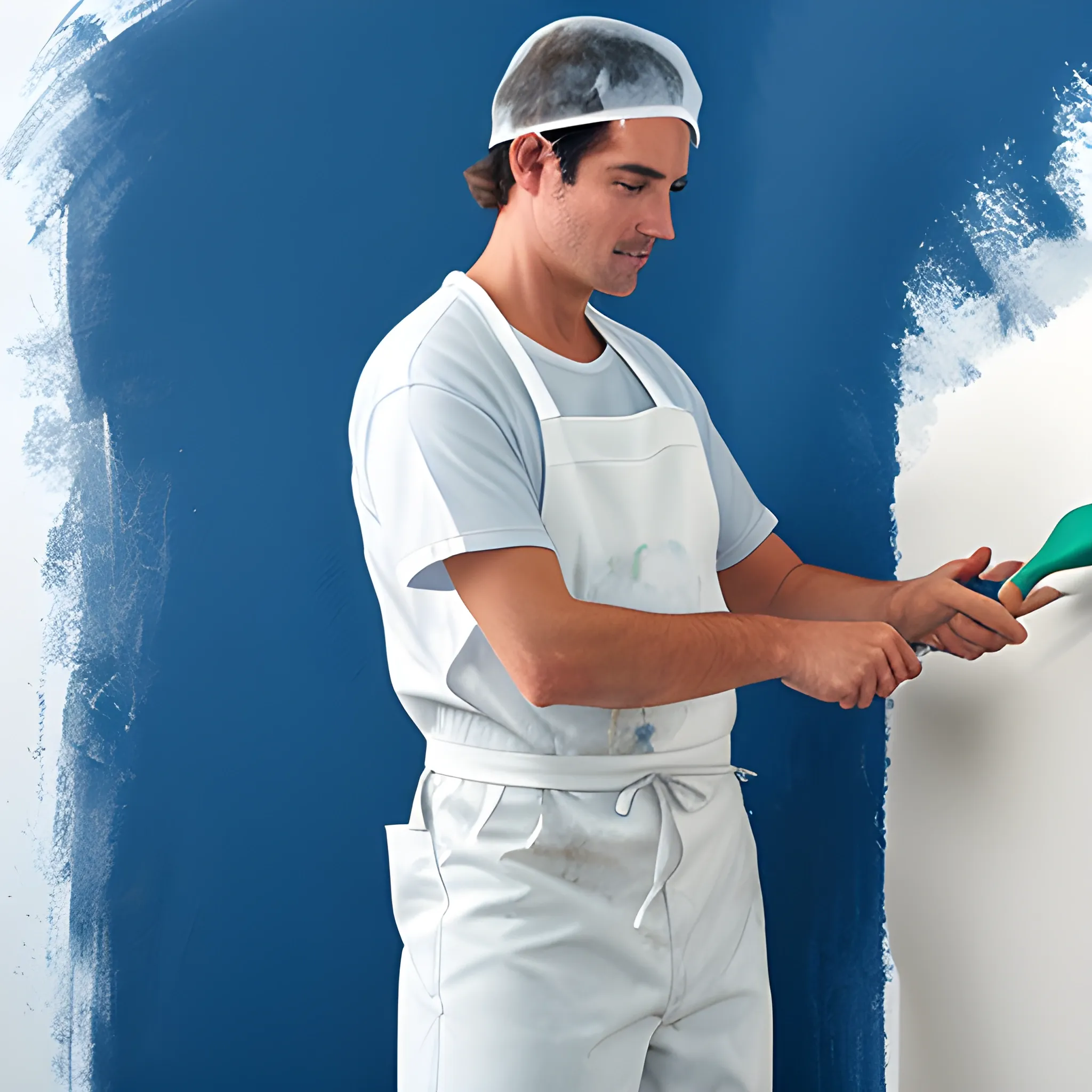 Painter, dressed in white, smoothing a wall with a spatula.