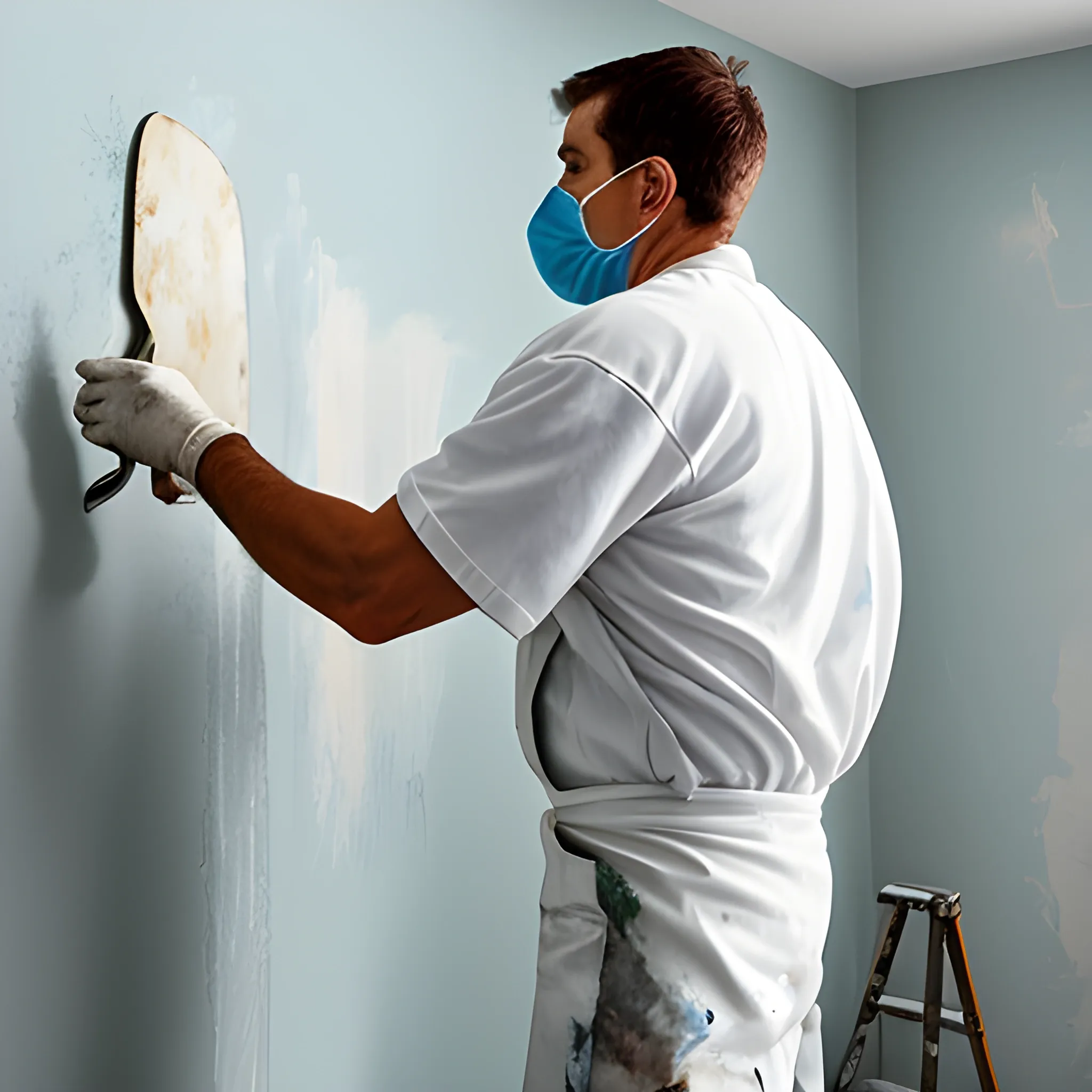 Painter, dressed in white, smoothing a wall with a spatula.