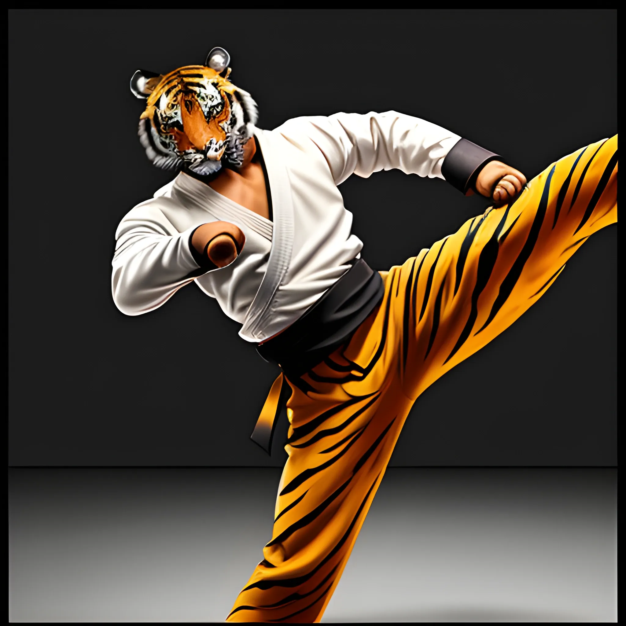 a  tiger with martial art costumes fighting toward the screen frame with his fist, adding more motion showing his speed,focus on the fist，