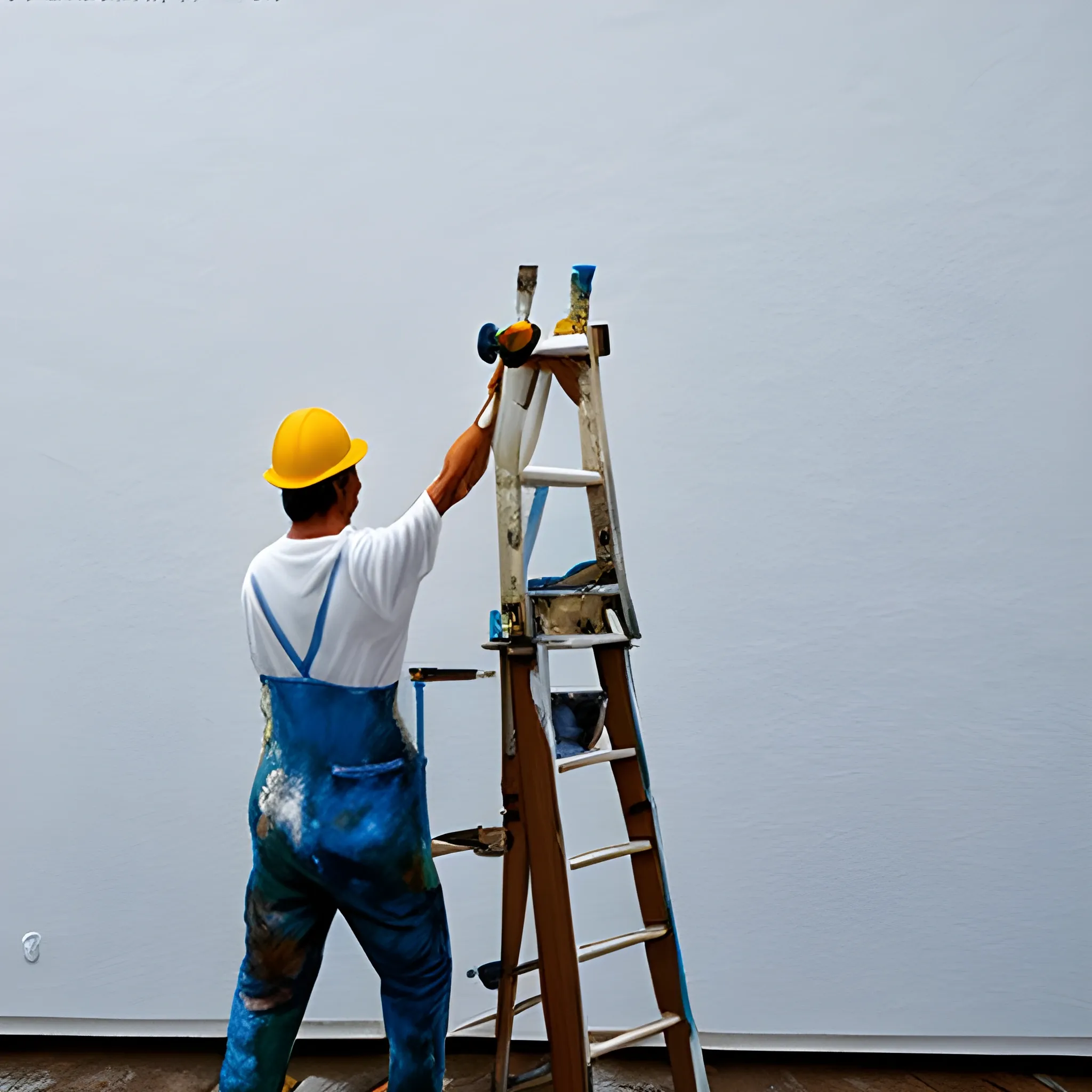 a painter dressed in white painting a wall with a roller.
