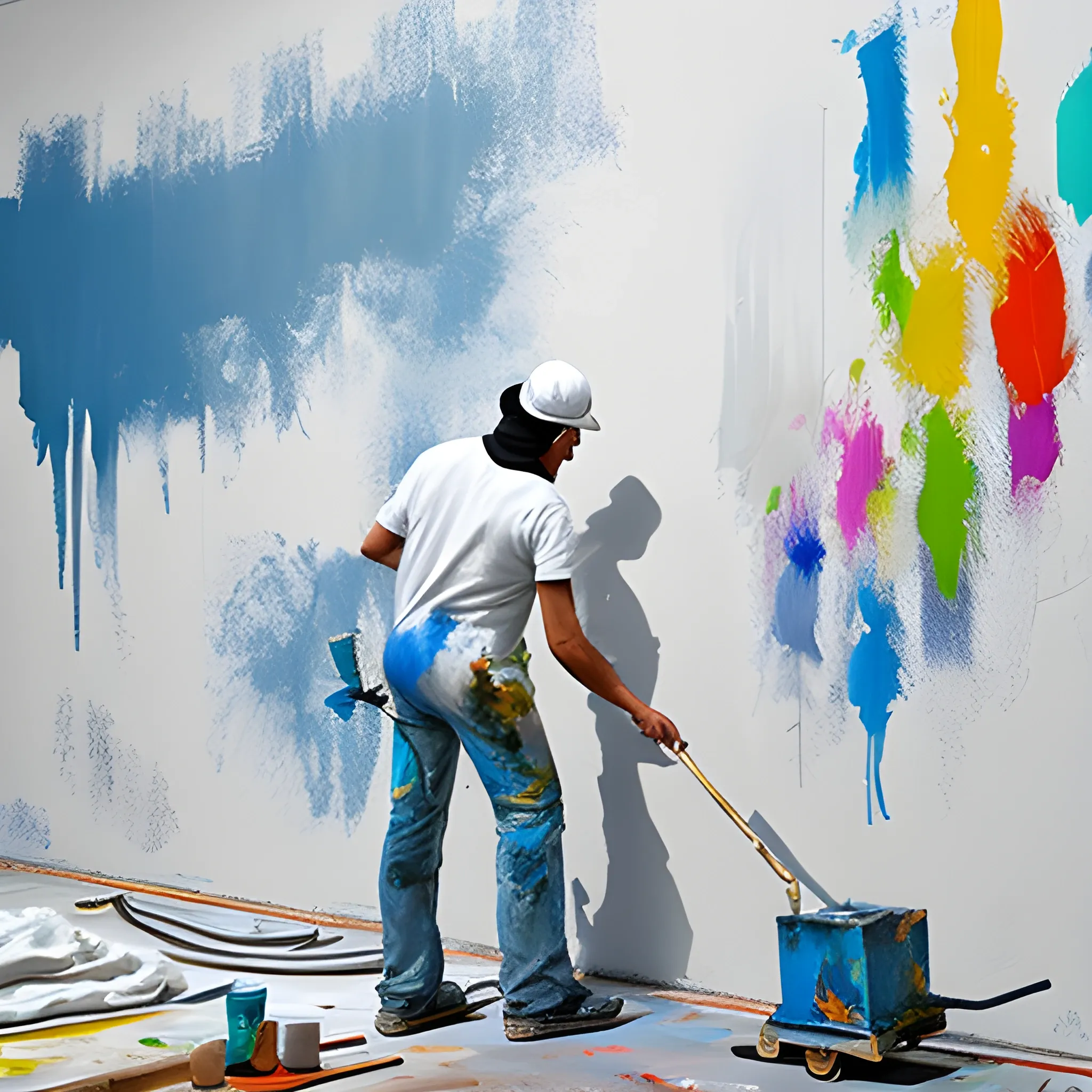 a painter dressed in white painting a wall with a roller.
