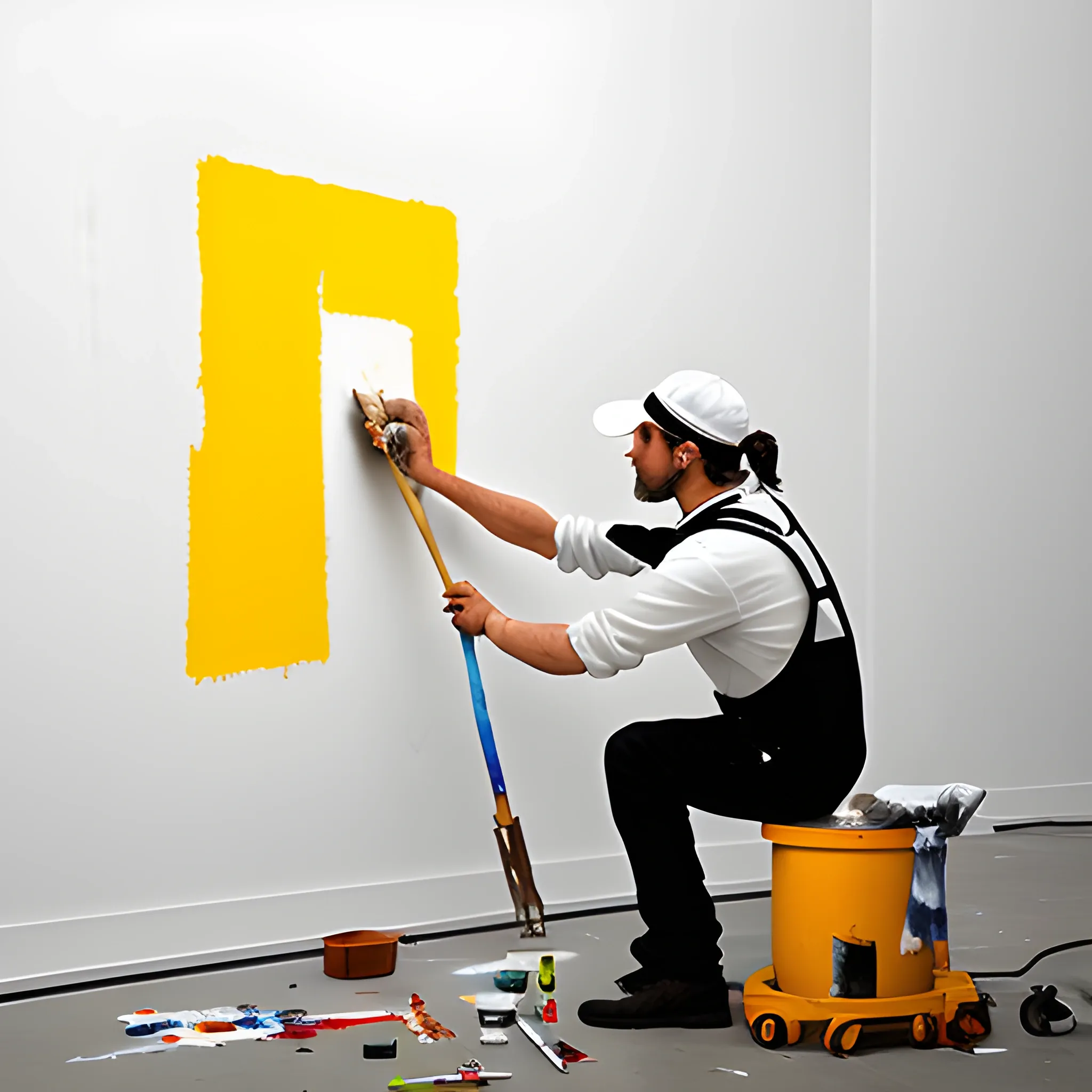 Generate a visual representation, illustrating a painter dressed in white painting a wall with a roller, capturing the essence and skill of the creative process.