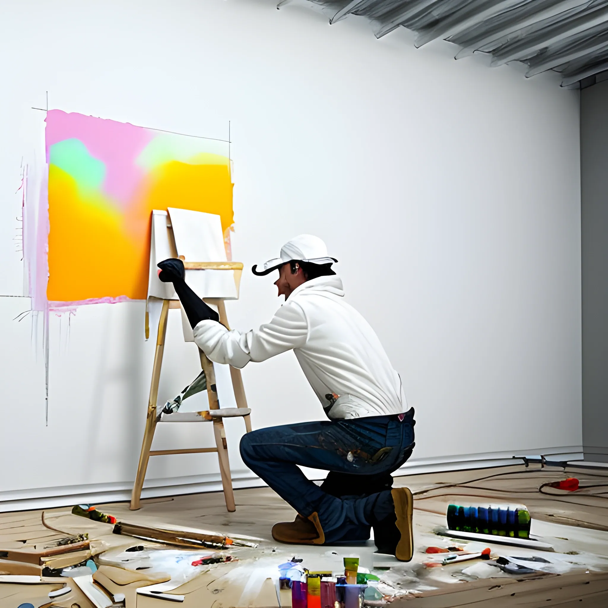 Generate a visual representation, illustrating a painter dressed in white painting a wall with a roller, capturing the essence and skill of the creative process.