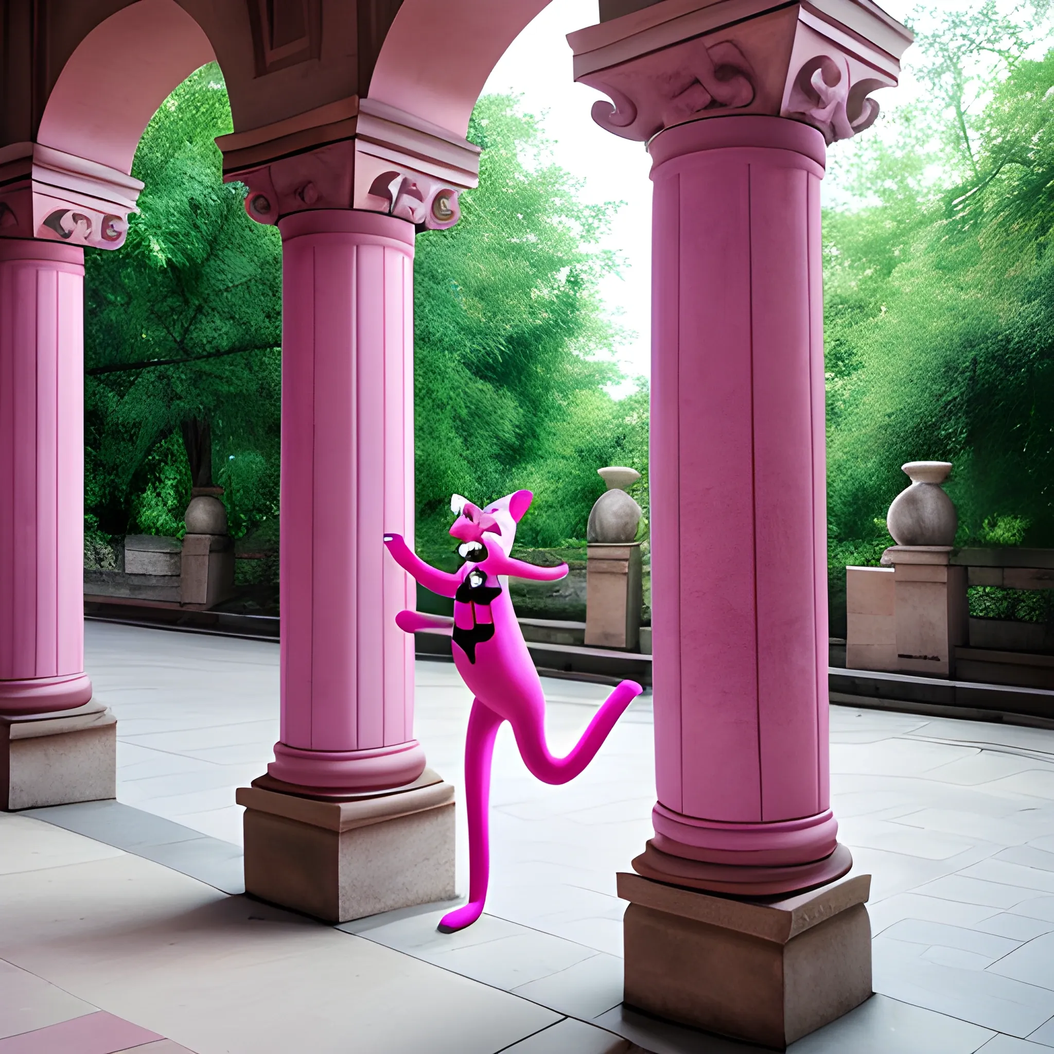 pink panther between two pillars 
