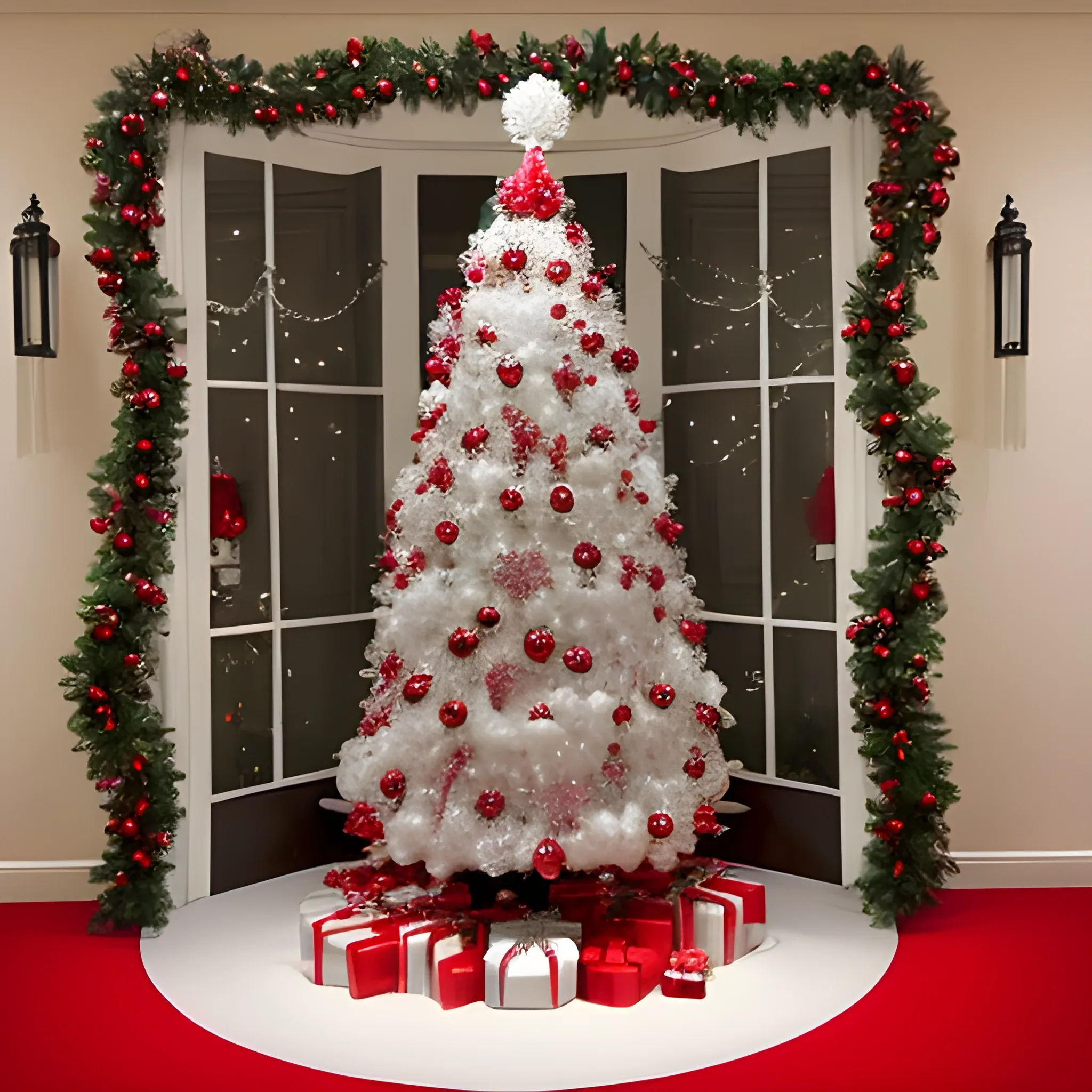 Christmas tree with white, red and silver sphere ornaments, white garlands and lights