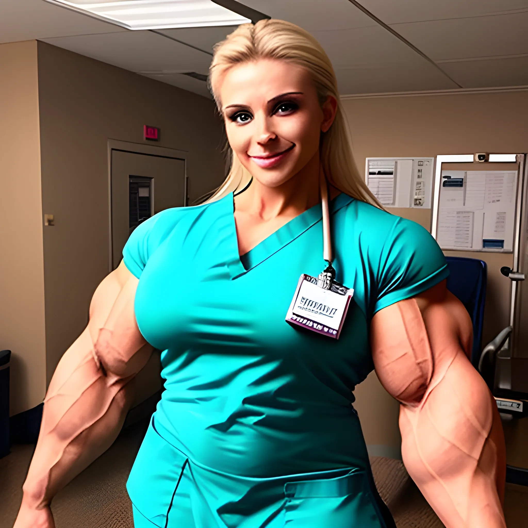 Gorgeous female emergency room nurse, abnormally massive female bodybuilder, gorgeous, wearing hospital scrubs, flexing