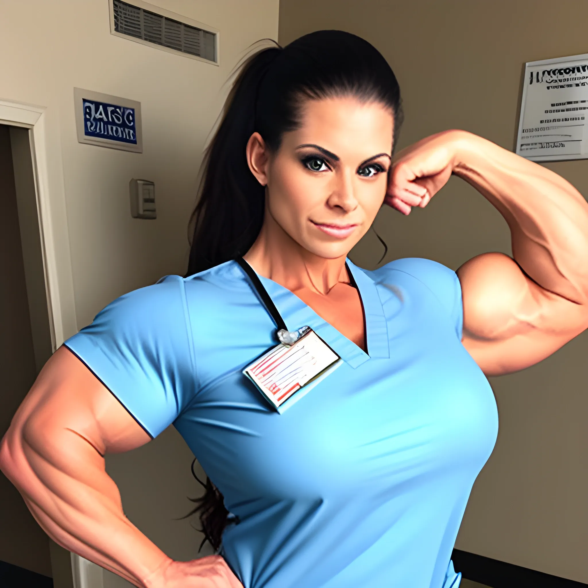 Gorgeous female emergency room nurse, abnormally massive female bodybuilder, gorgeous, wearing hospital scrubs, flexing