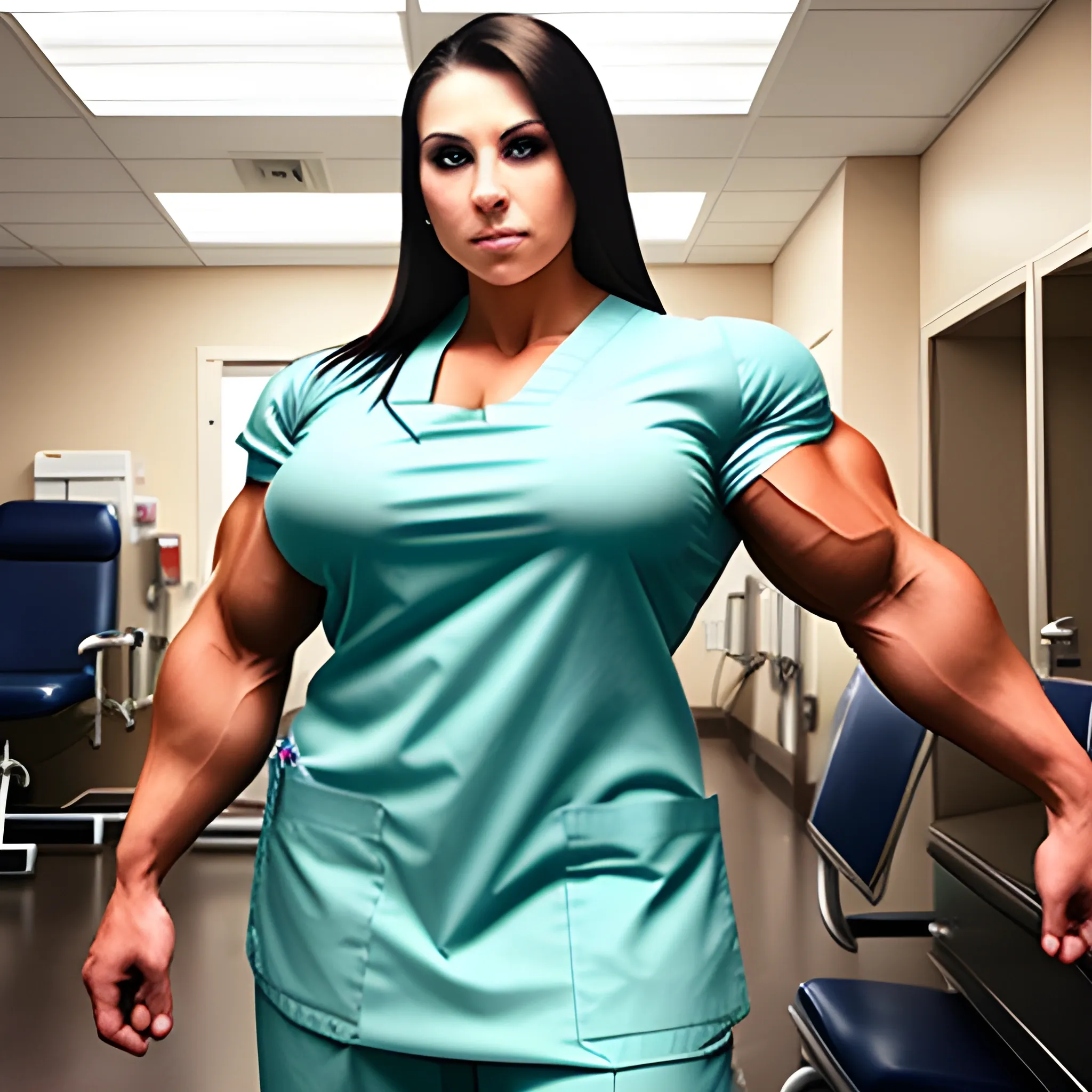 Gorgeous female emergency room nurse, abnormally massive female bodybuilder, gorgeous, wearing hospital scrubs, flexing