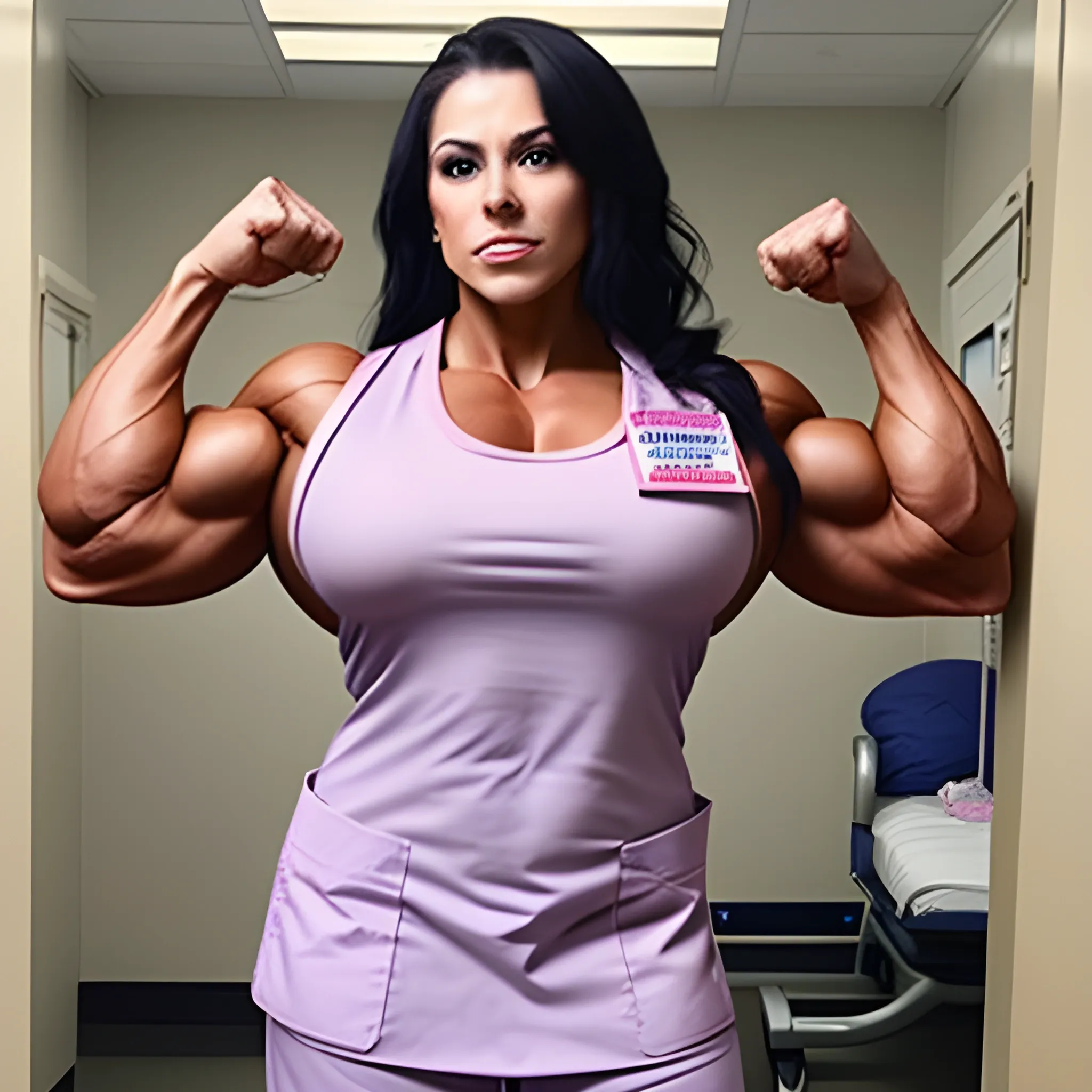 Gorgeous female emergency room nurse, abnormally massive female bodybuilder, gorgeous, wearing hospital scrubs, flexing