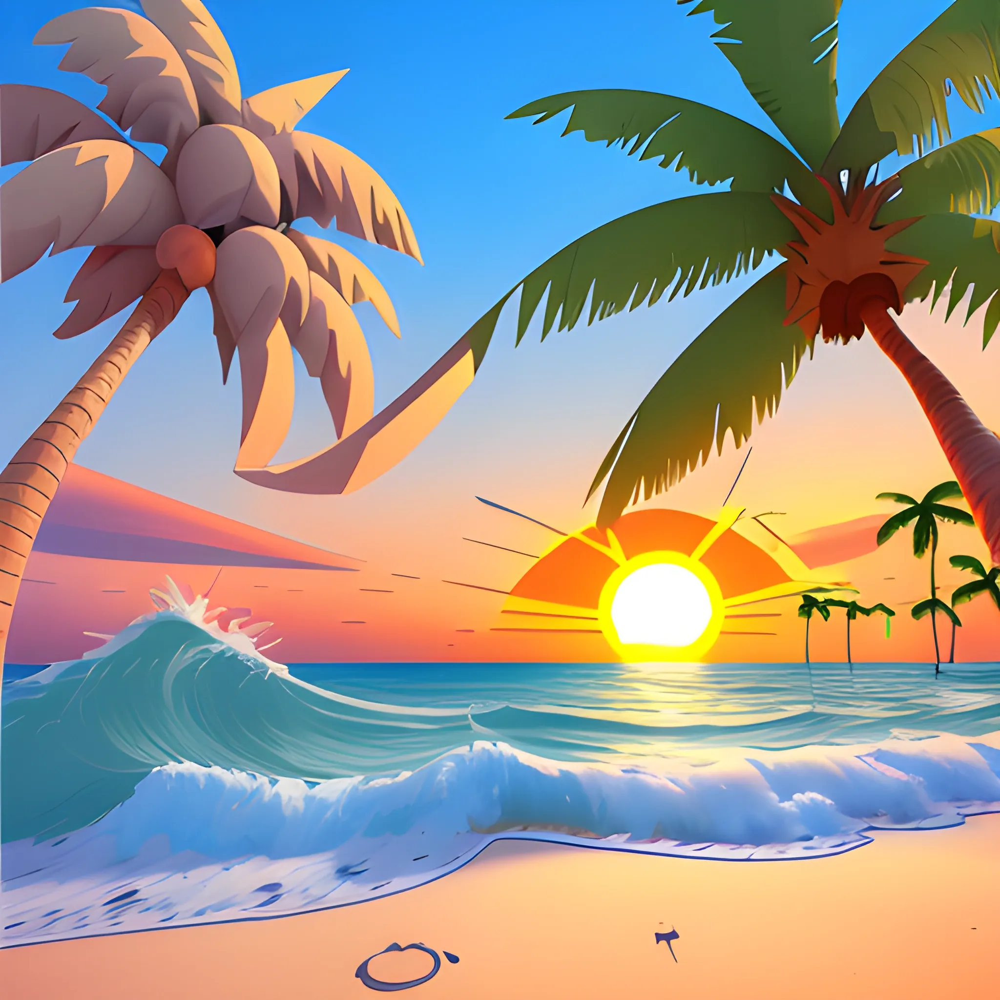 3d, cartoon beach scene, no palmtrees, include sunset, no people, clear beach, include waves crashing, make it 1080 x 1920
