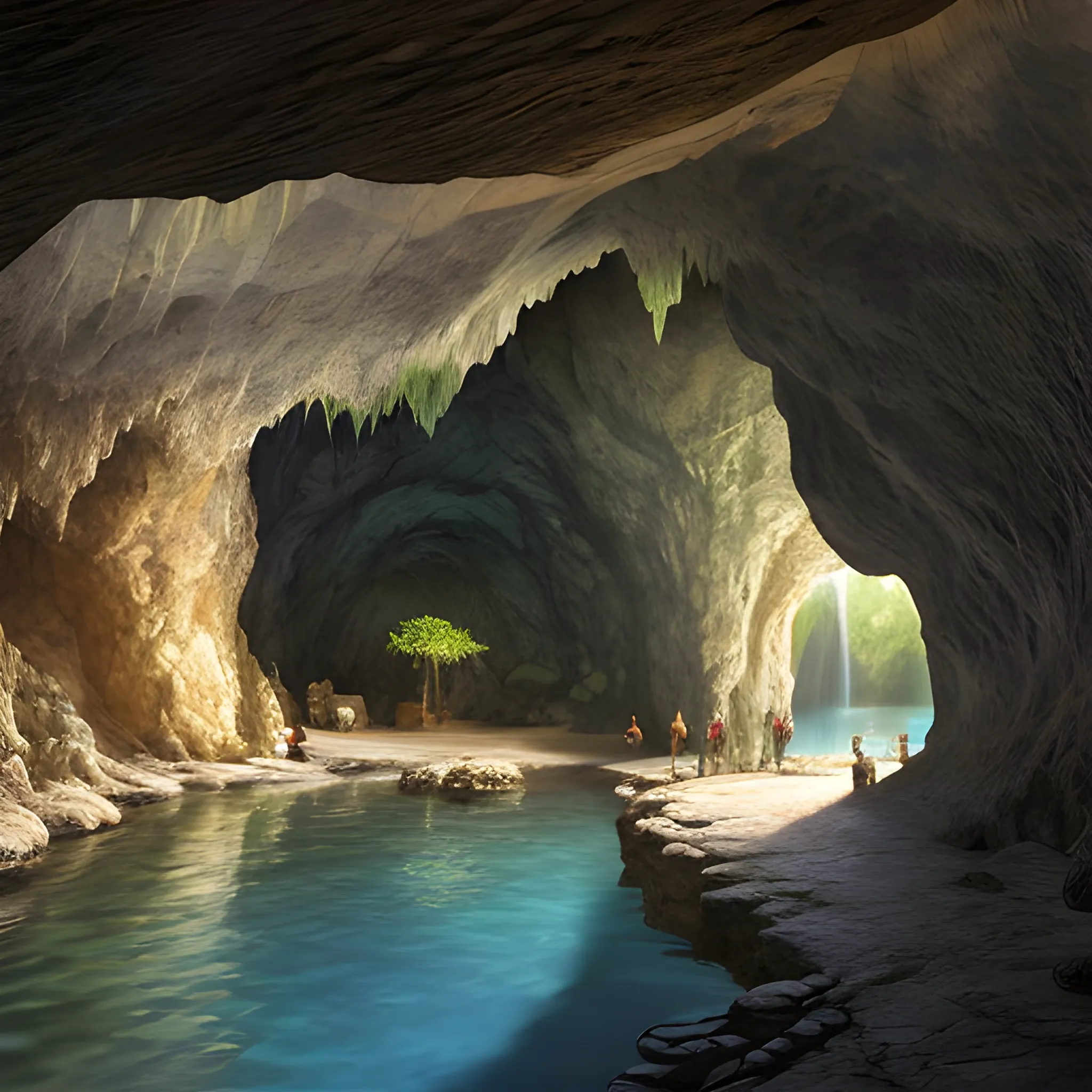 Hyper realistic, photo, dnd 5e, natural cave, underground lake