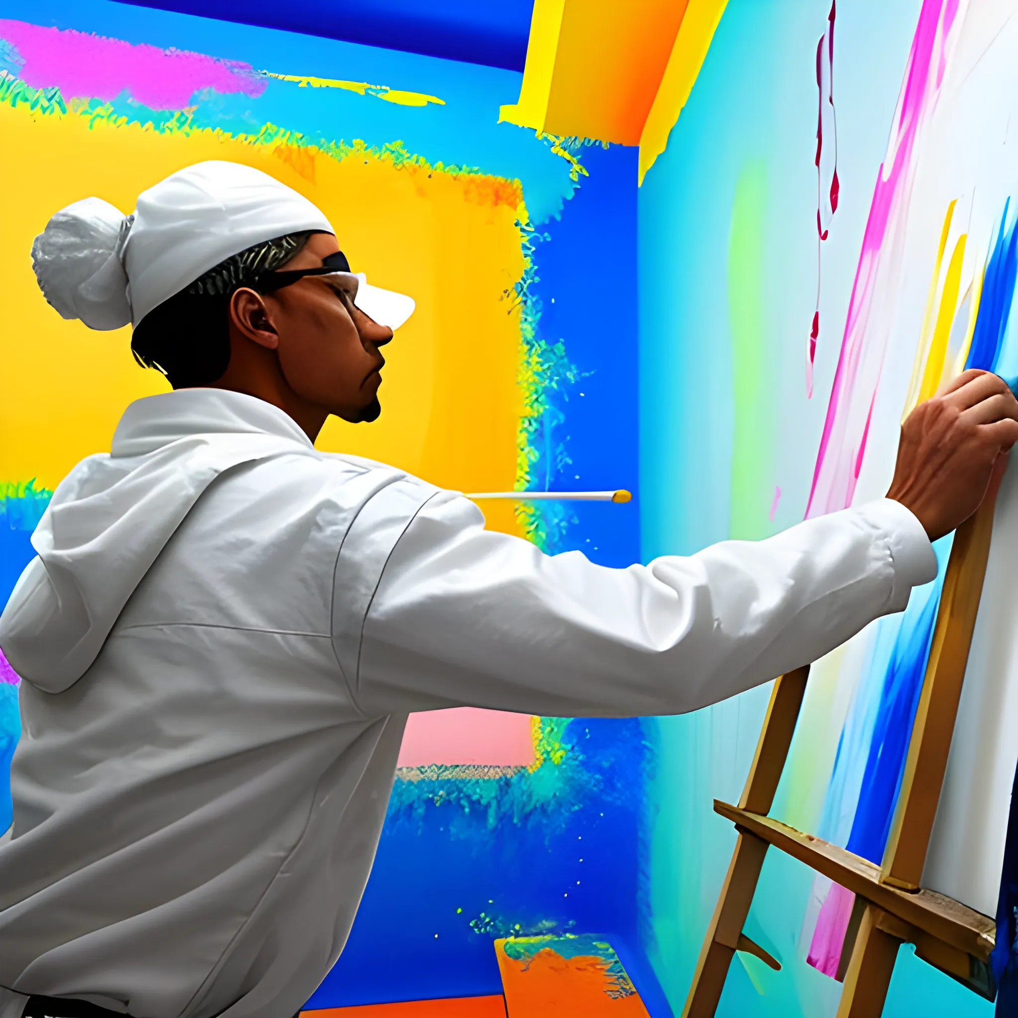 Generate a visual representation, illustrating a painter dressed in white painting a wall with a roller, capturing the essence and skill of the creative process., Trippy