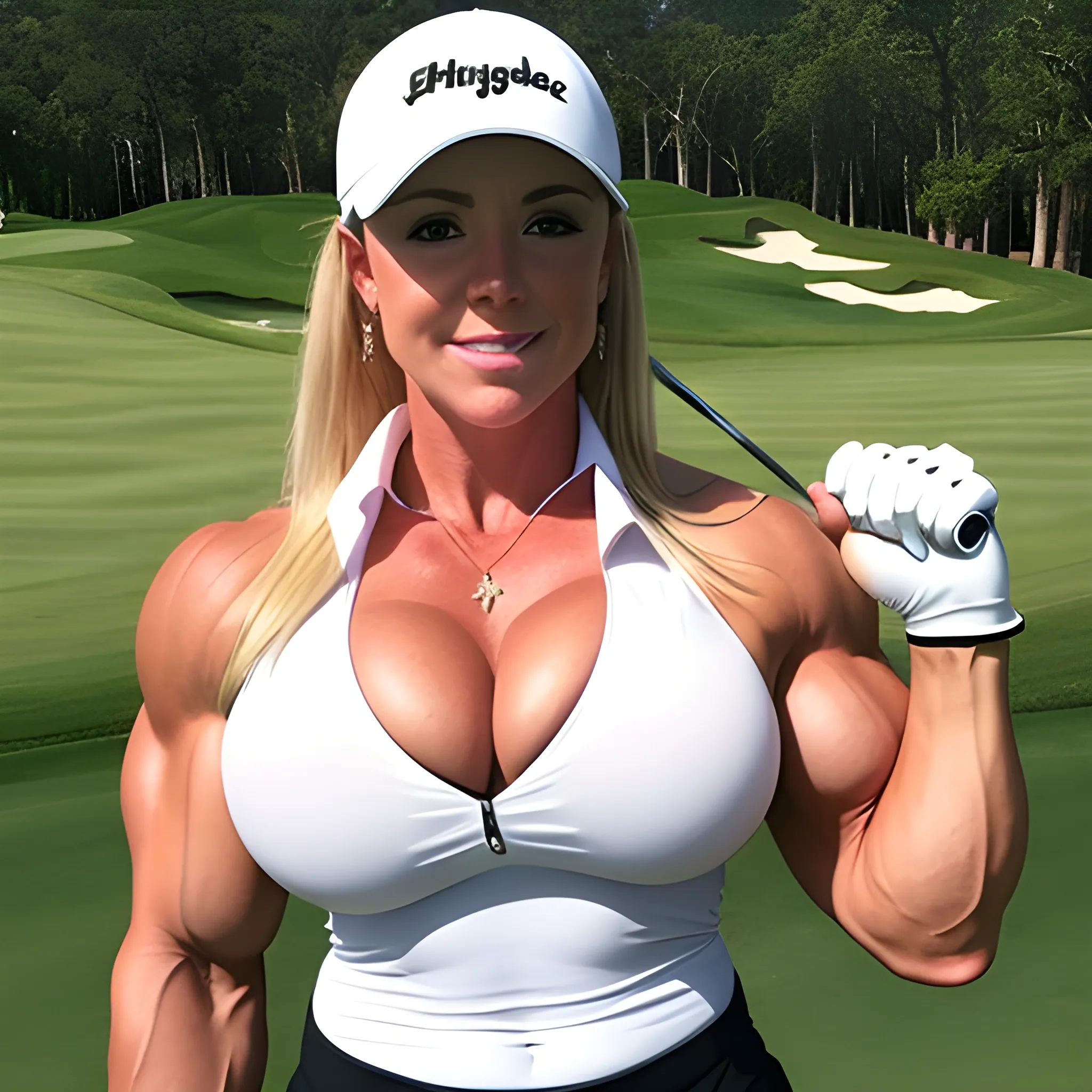 Gorgeous female golfer, massive female bodybuilder, 25 inch biceps, massive cleavage, wearing golf attire