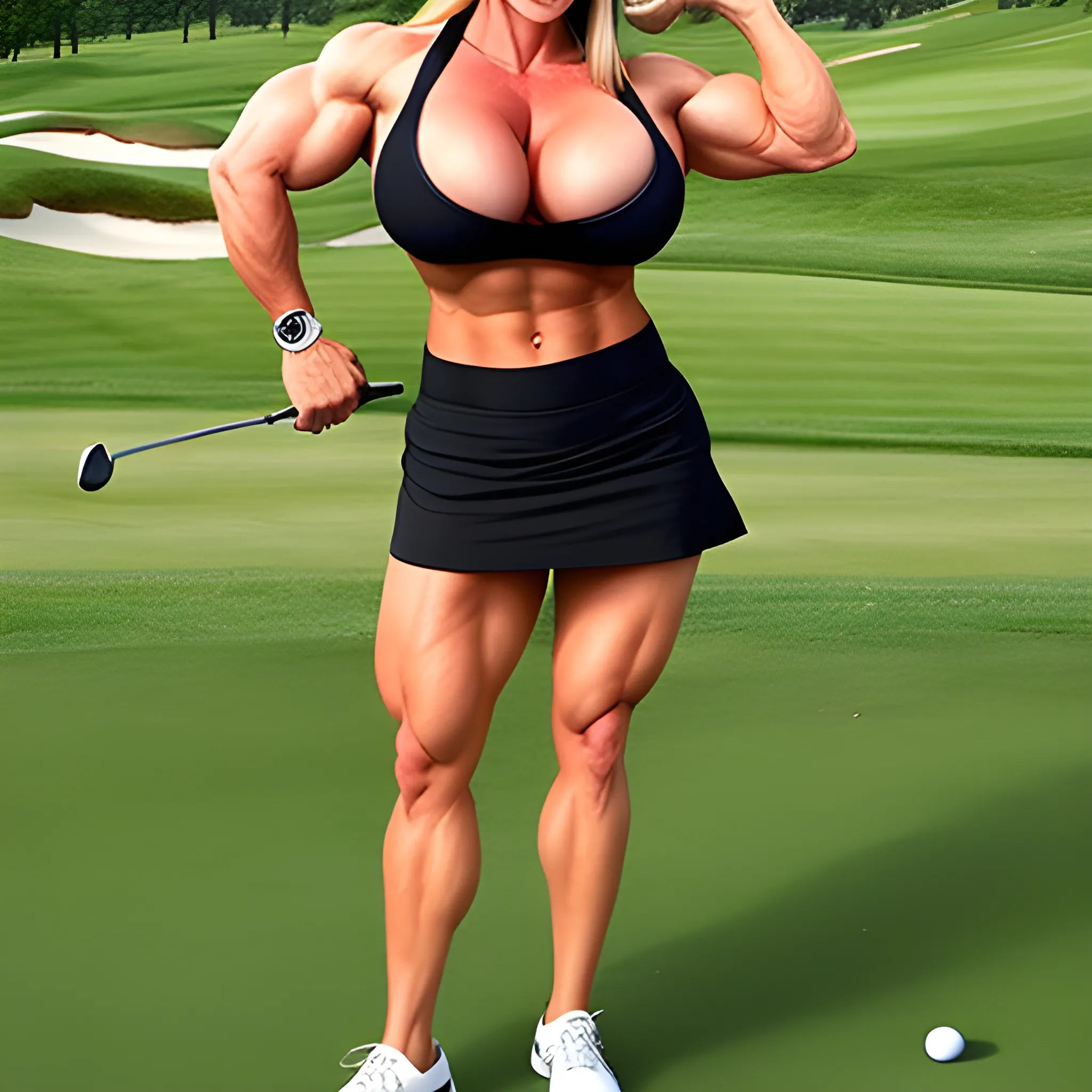 Gorgeous female golfer, massive female bodybuilder, 25 inch biceps, massive cleavage, wearing golf attire