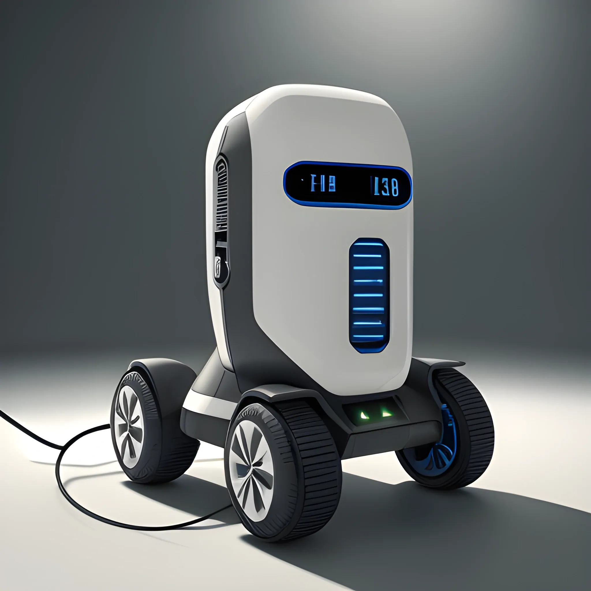 Charging station robot for electric vehicle, BRAUN. Product ad retro. industrial design inspiration. Unreal engine render, natural lighting, future design