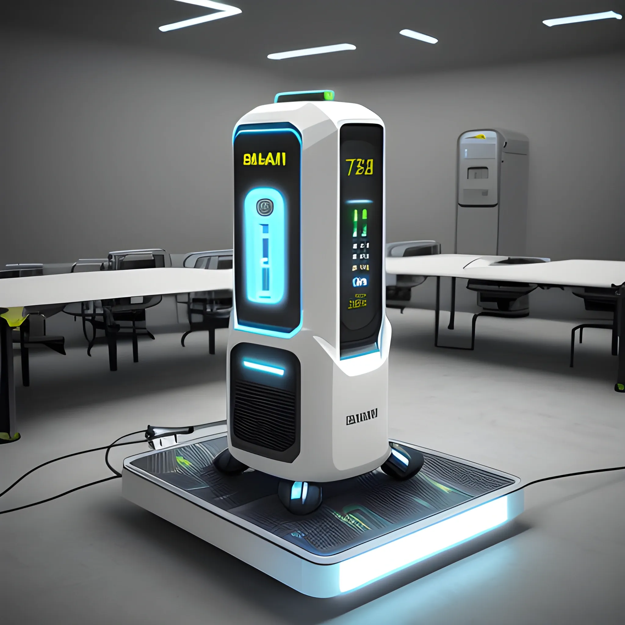 Charging station robot for electric vehicle, BRAUN. Product ad retro. industrial design inspiration. Unreal engine render, natural lighting, future design