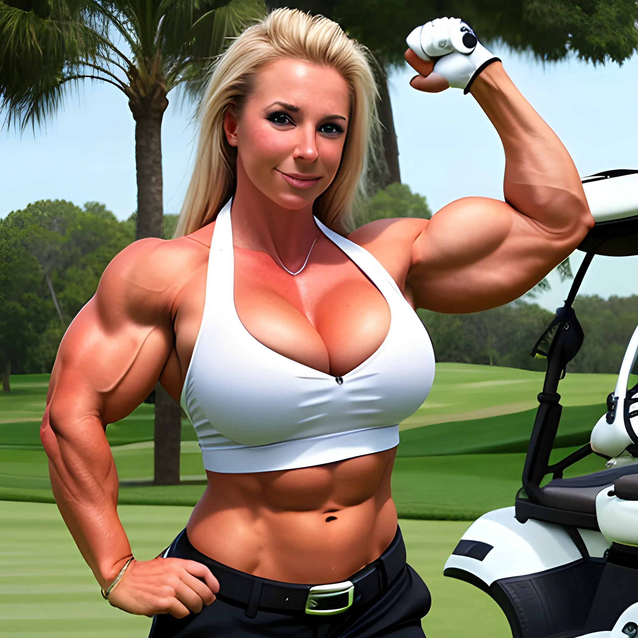 Gorgeous female golfer, massive female bodybuilder, 25 inch biceps, massive cleavage, wearing golf attire, flexing