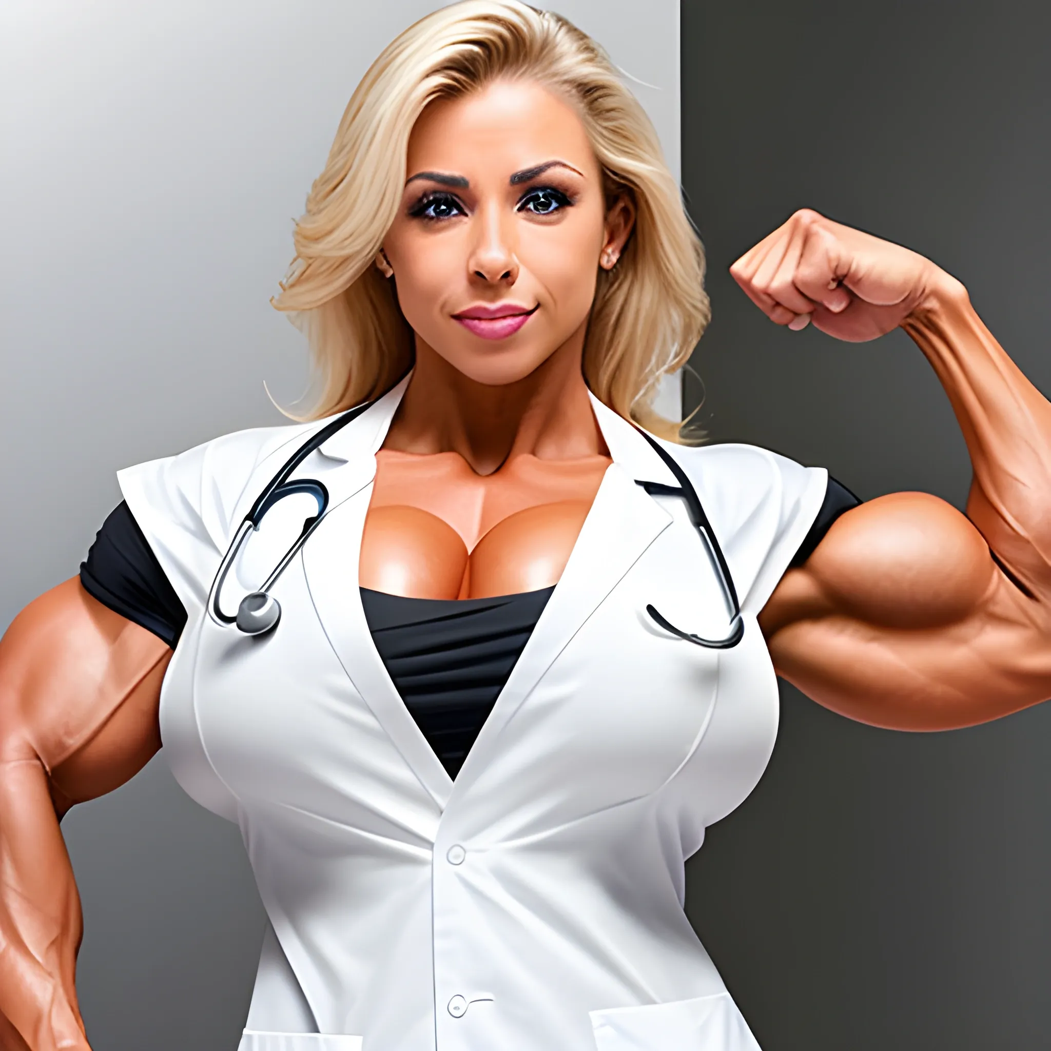 Gorgeous female physician, massive female bodybuilder, 25 inch biceps, massive cleavage, wearing white lab coat, wearing hospital scrubs, flexing