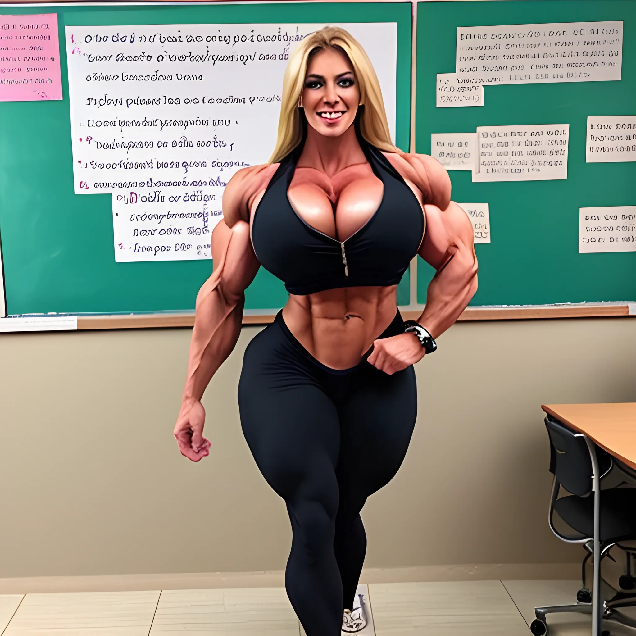 Gorgeous female teacher, massive female bodybuilder, 25 inch biceps, massive cleavage, wearing teaching attire