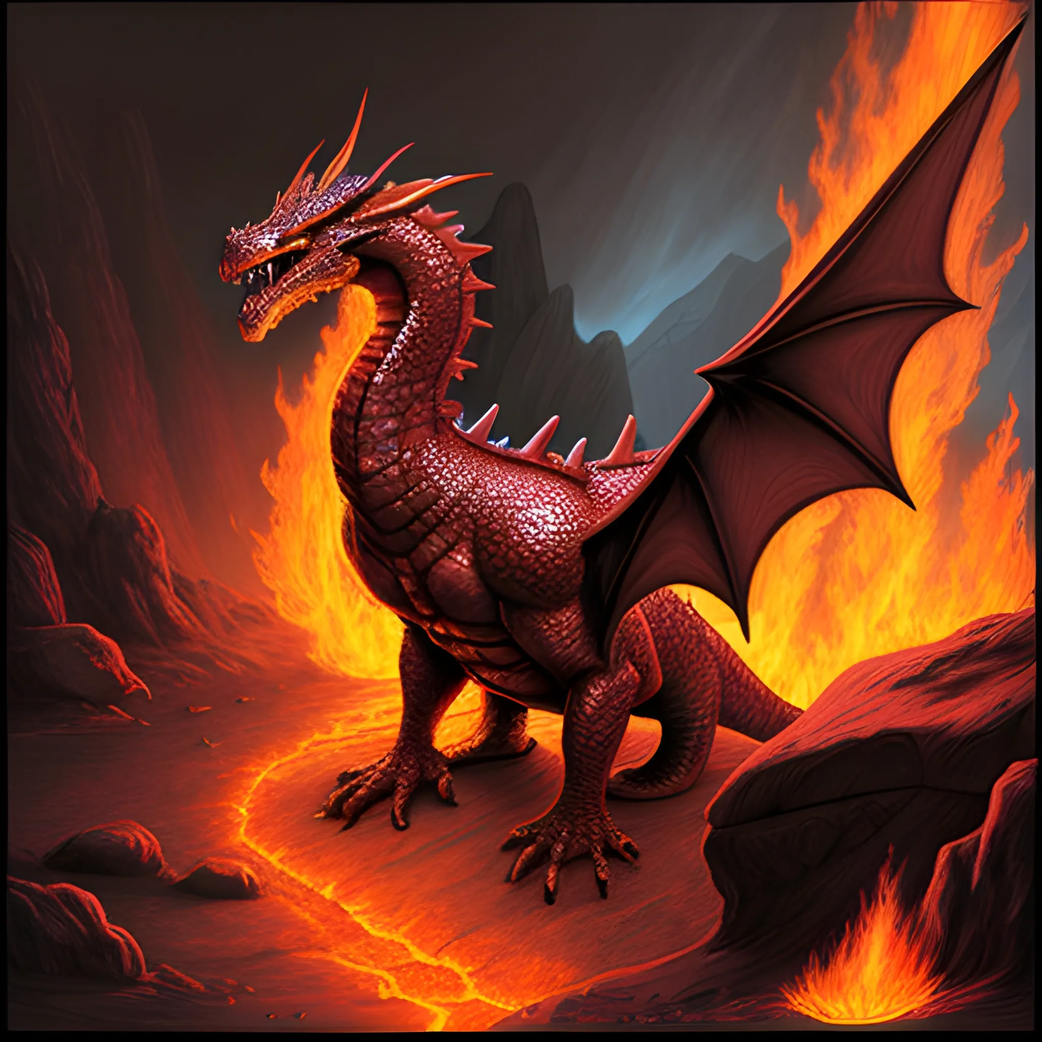 Hyper realistic, dnd 5e, fire dragon, Pencil Sketch, lava cave