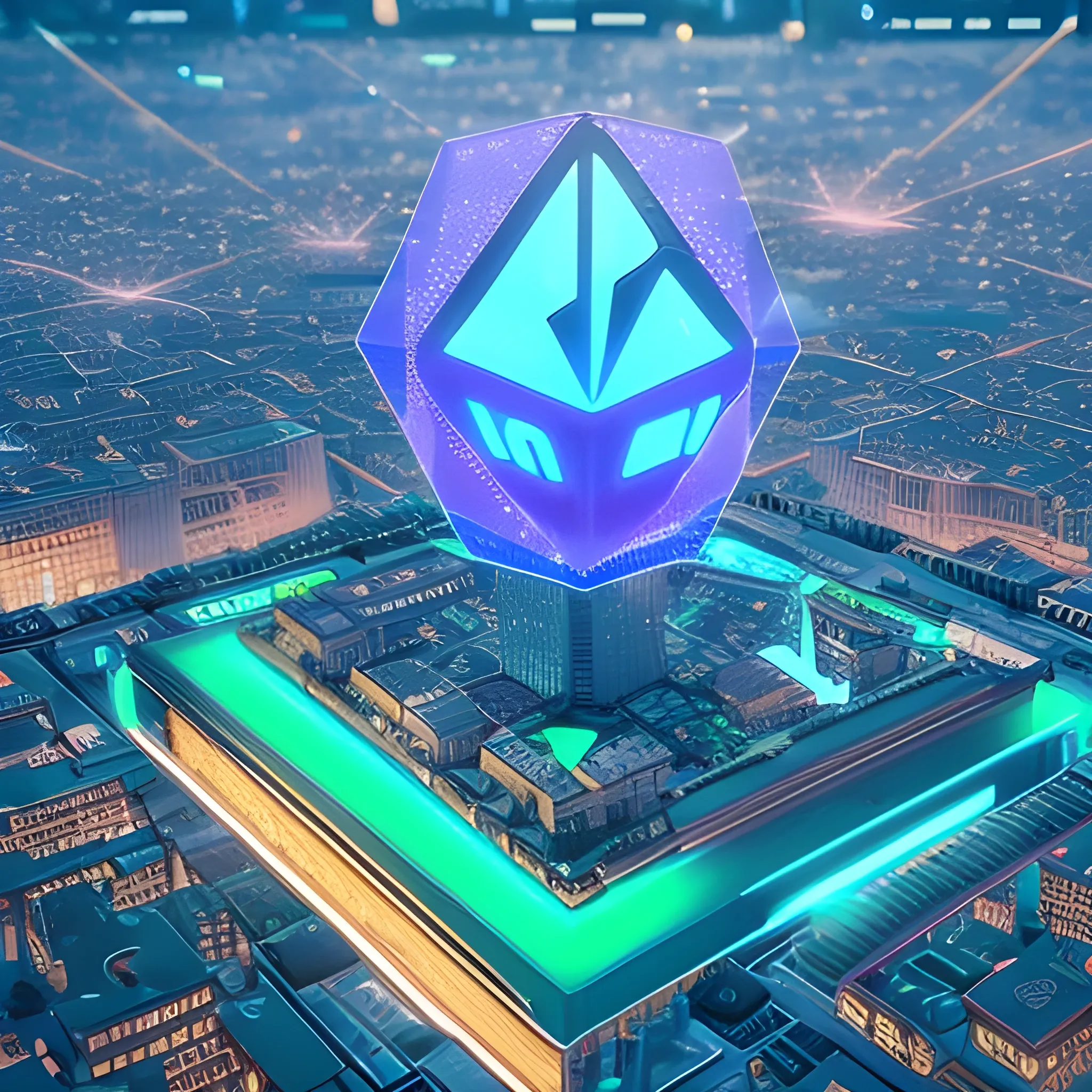 DeFi paradise crypto market in urban area with ethereum hologram light. 3D