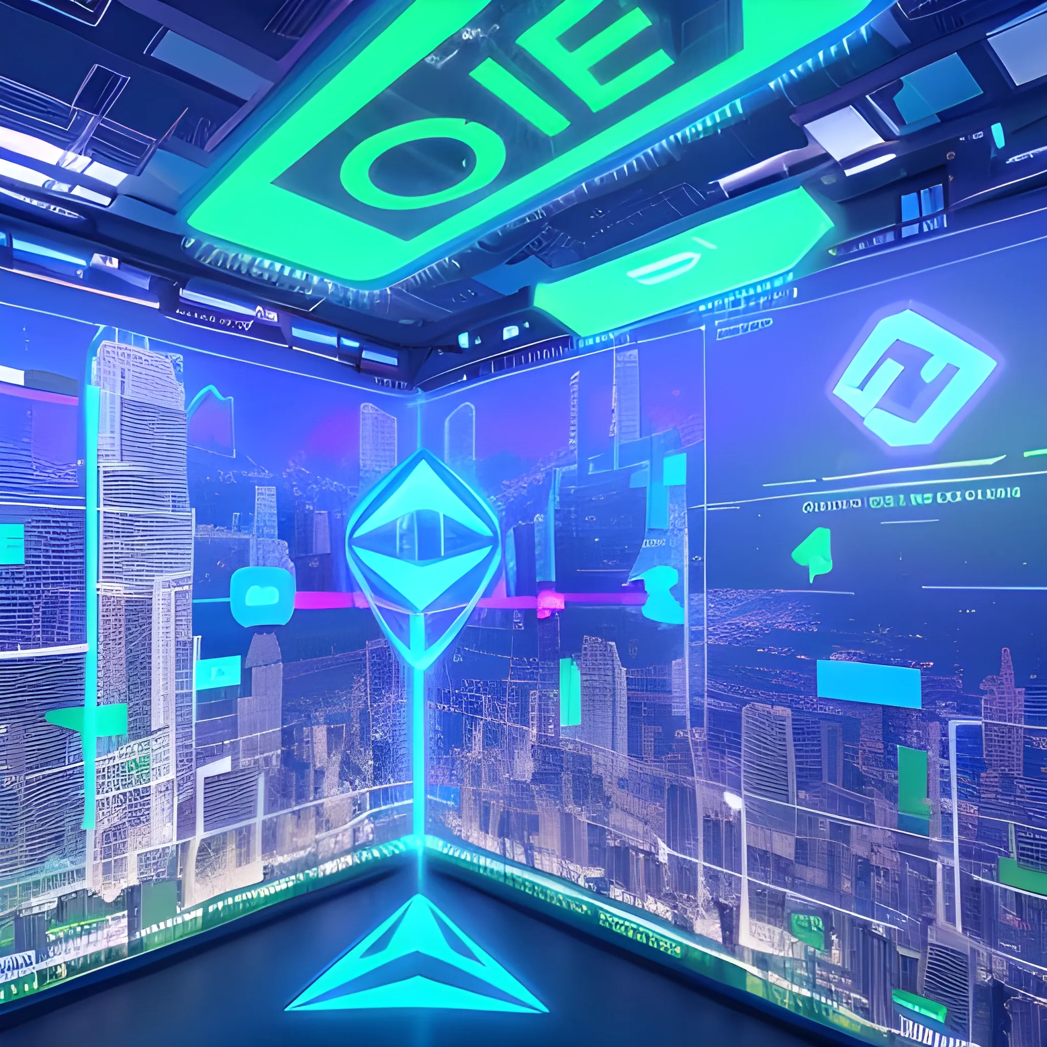 DeFi paradise crypto market in urban area with ethereum hologram light. 3D