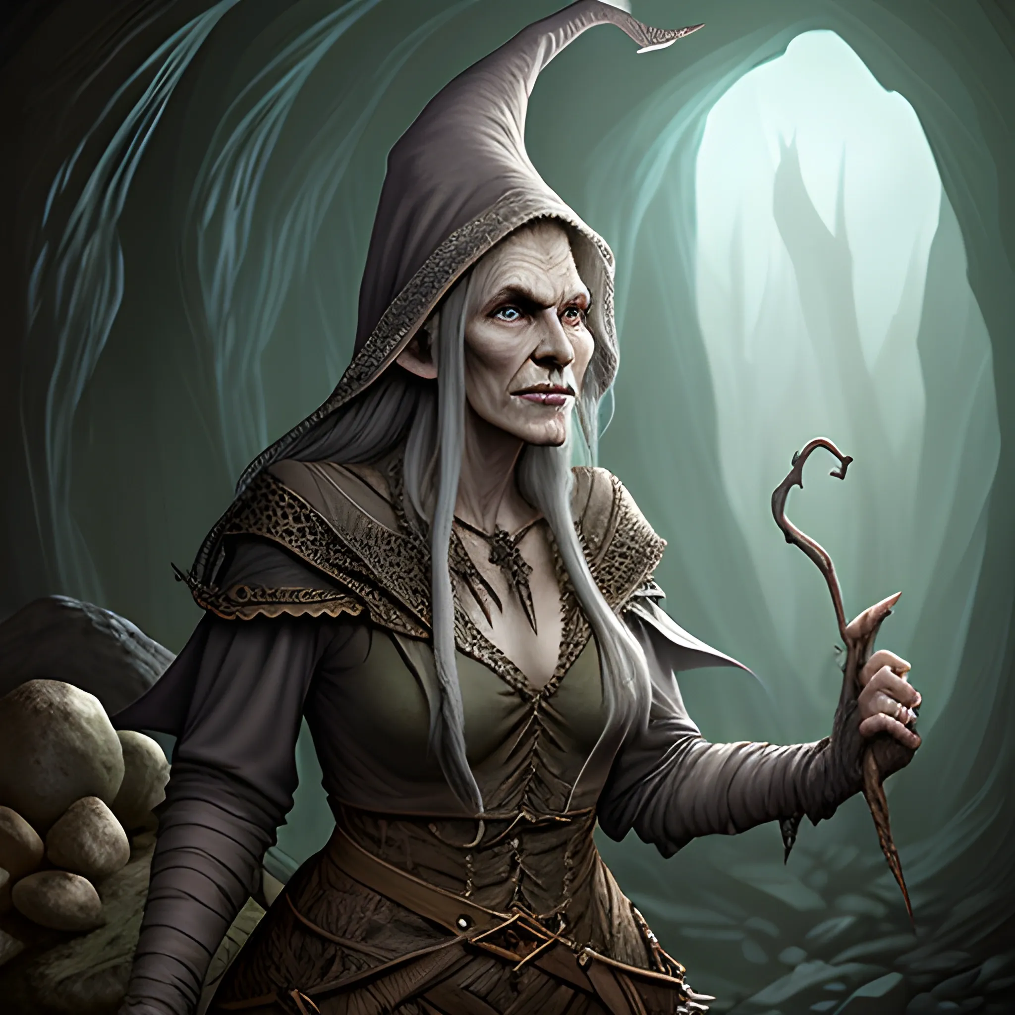 Hyper realistic, dnd 5e, elven witch, hag, cave