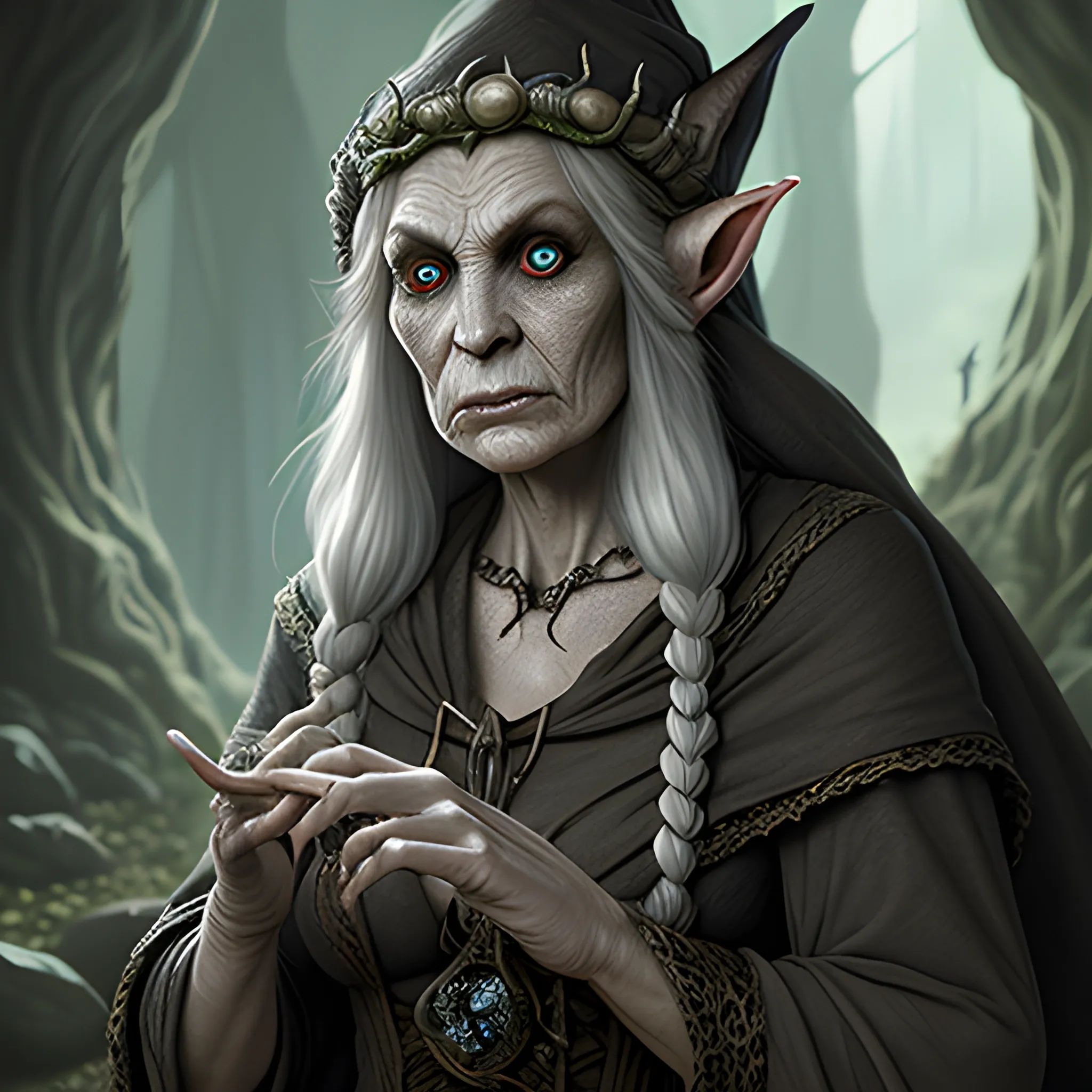 Hyper realistic, dnd 5e, elven witch, hag, cave