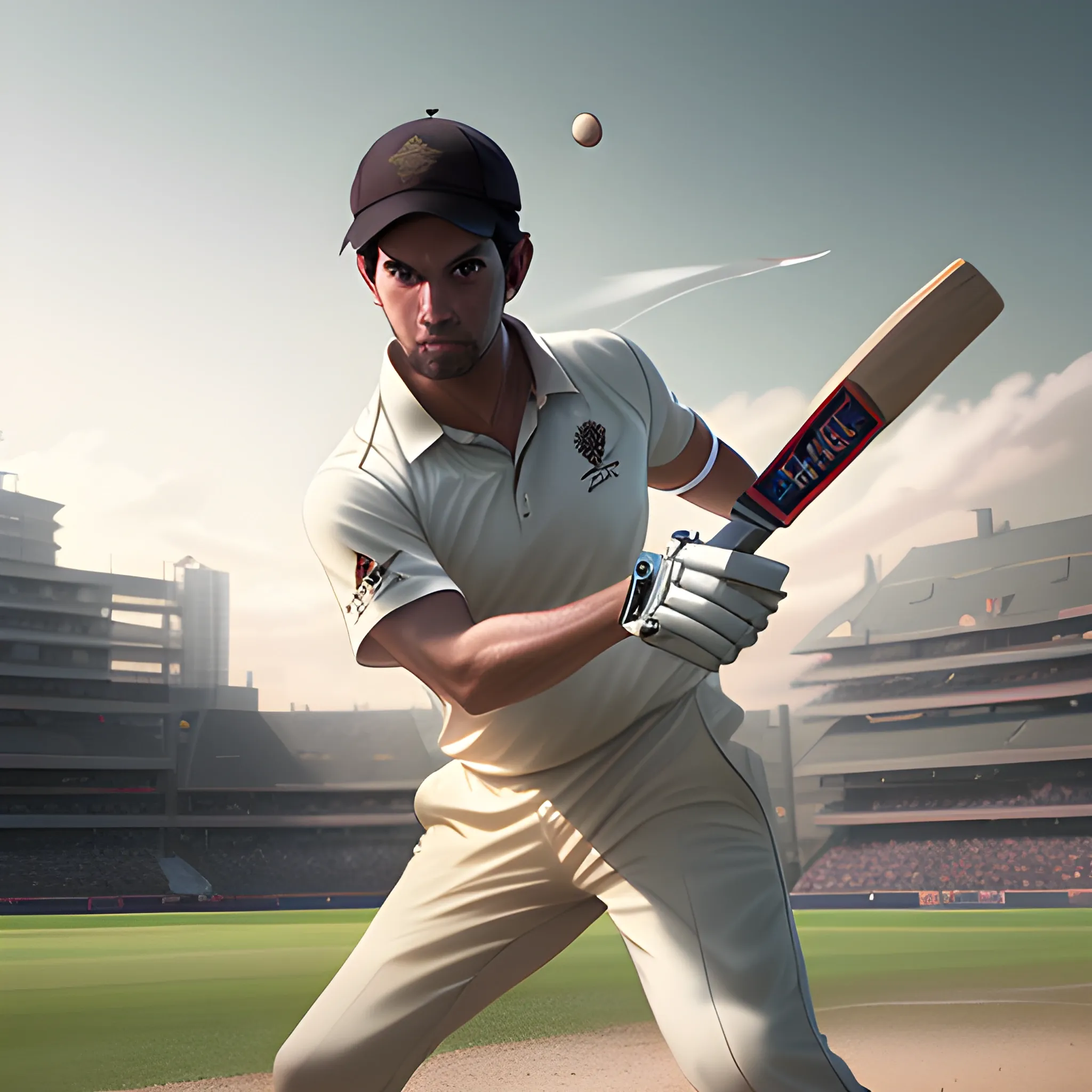 arcane style, man playing cricket. detailed portrait, cell shaded, 4 k, concept art, by wlop, ilya kuvshinov, artgerm, krenz cushart, greg rutkowski, pixiv. cinematic dramatic atmosphere, sharp focus, volumetric lighting, cinematic lighting, studio quality, full body, anime, power shot