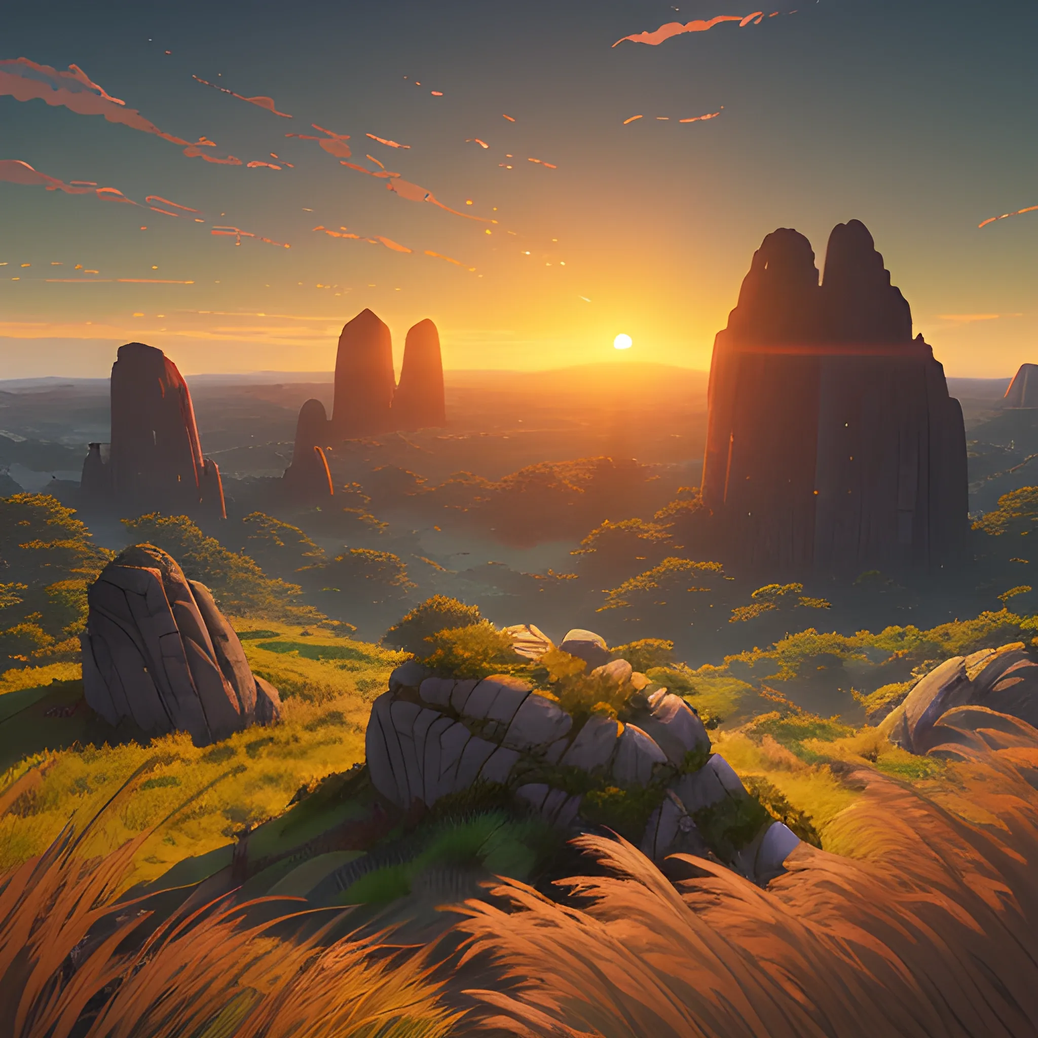 sun rise, a top view of a giants rocks, grasses... in the style of makoto shinkai and greg rutkowski and albert bierstadt and james gurney