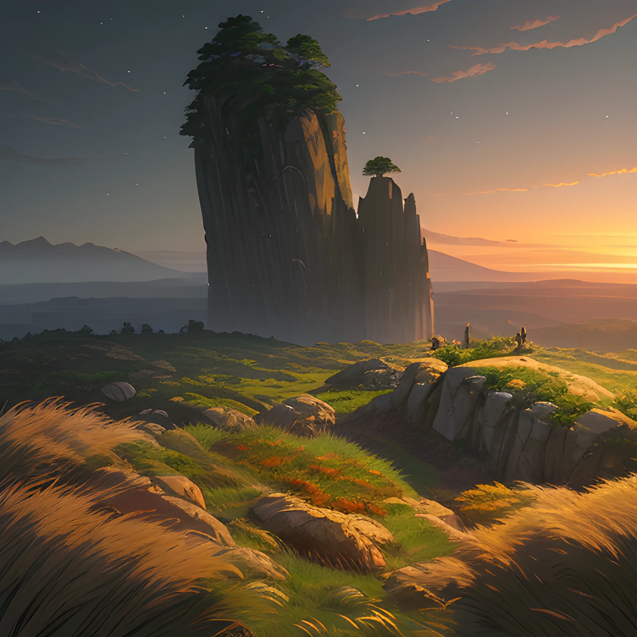 night, a top view of a giants rocks, grasses... in the style of makoto shinkai and greg rutkowski and albert bierstadt and james gurney