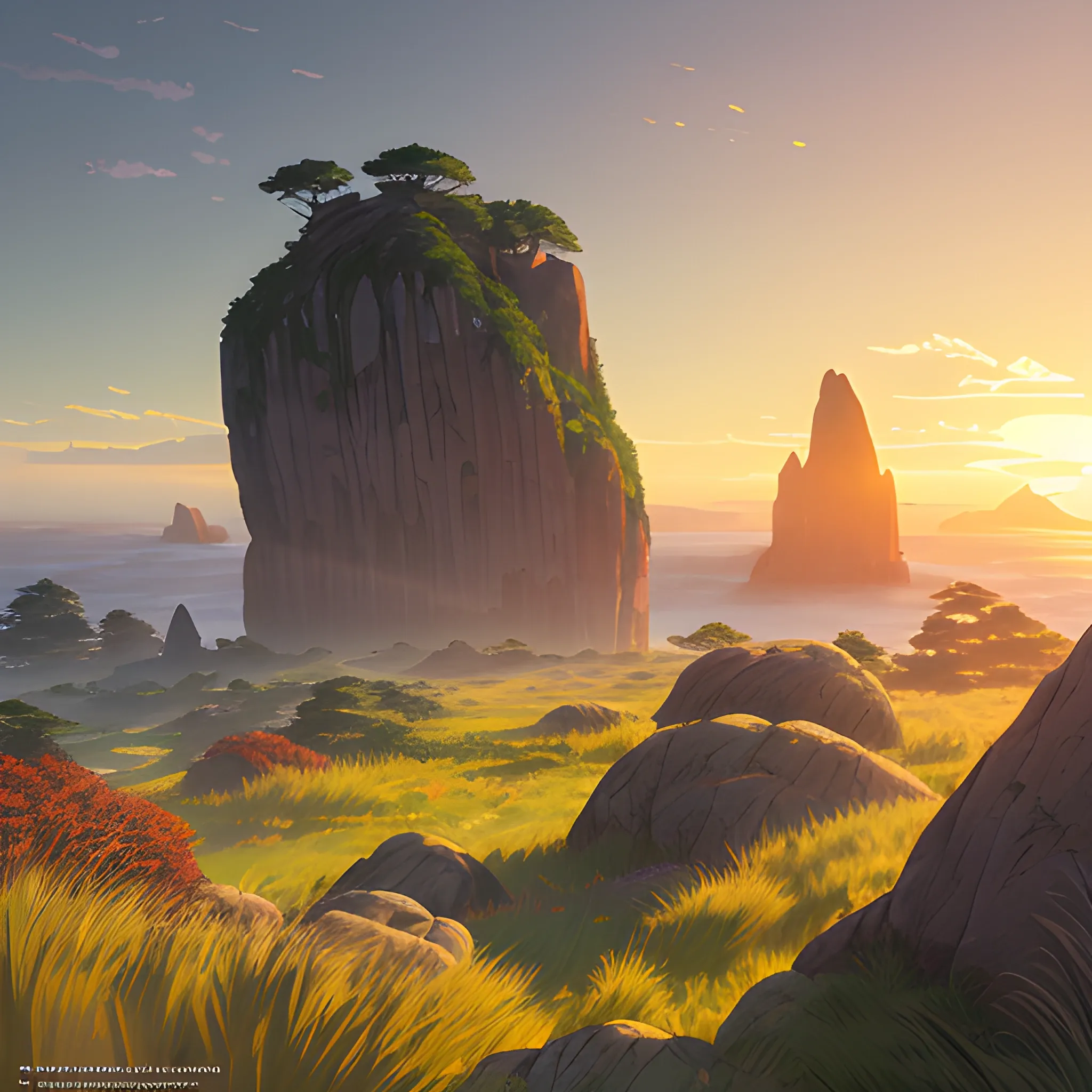 sun rise, a top view of a giants rocks, grasses... in the style of makoto shinkai and greg rutkowski and albert bierstadt and james gurney