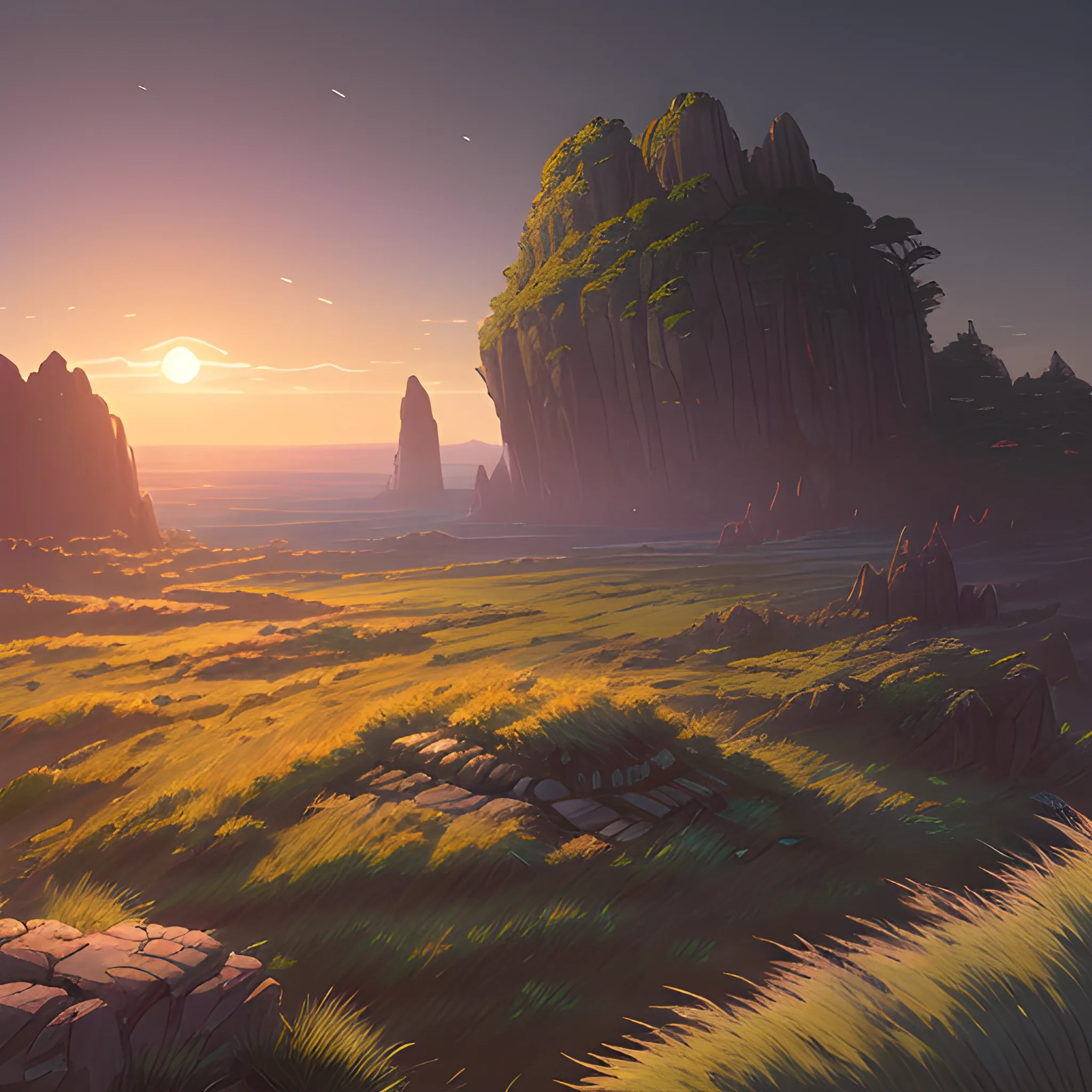 night, a top view of a giants rocks, grasses... in the style of makoto shinkai and greg rutkowski and albert bierstadt and james gurney