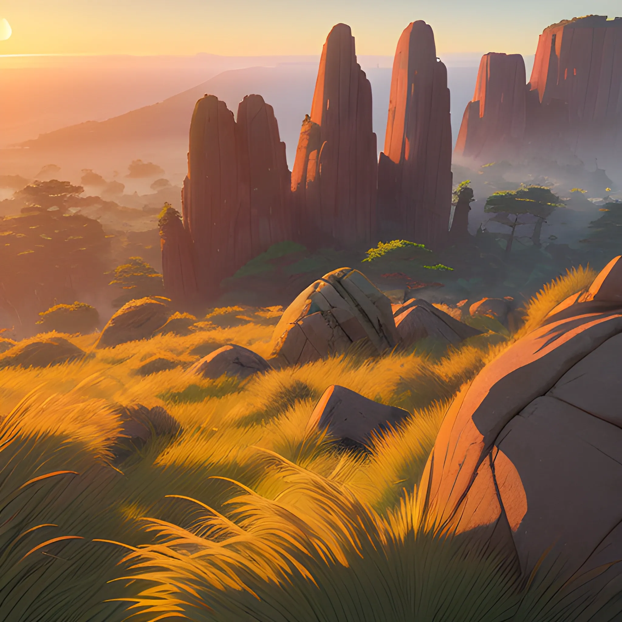 sun rise, a top view of a giants rocks, grasses... in the style of makoto shinkai and greg rutkowski and albert bierstadt and james gurney