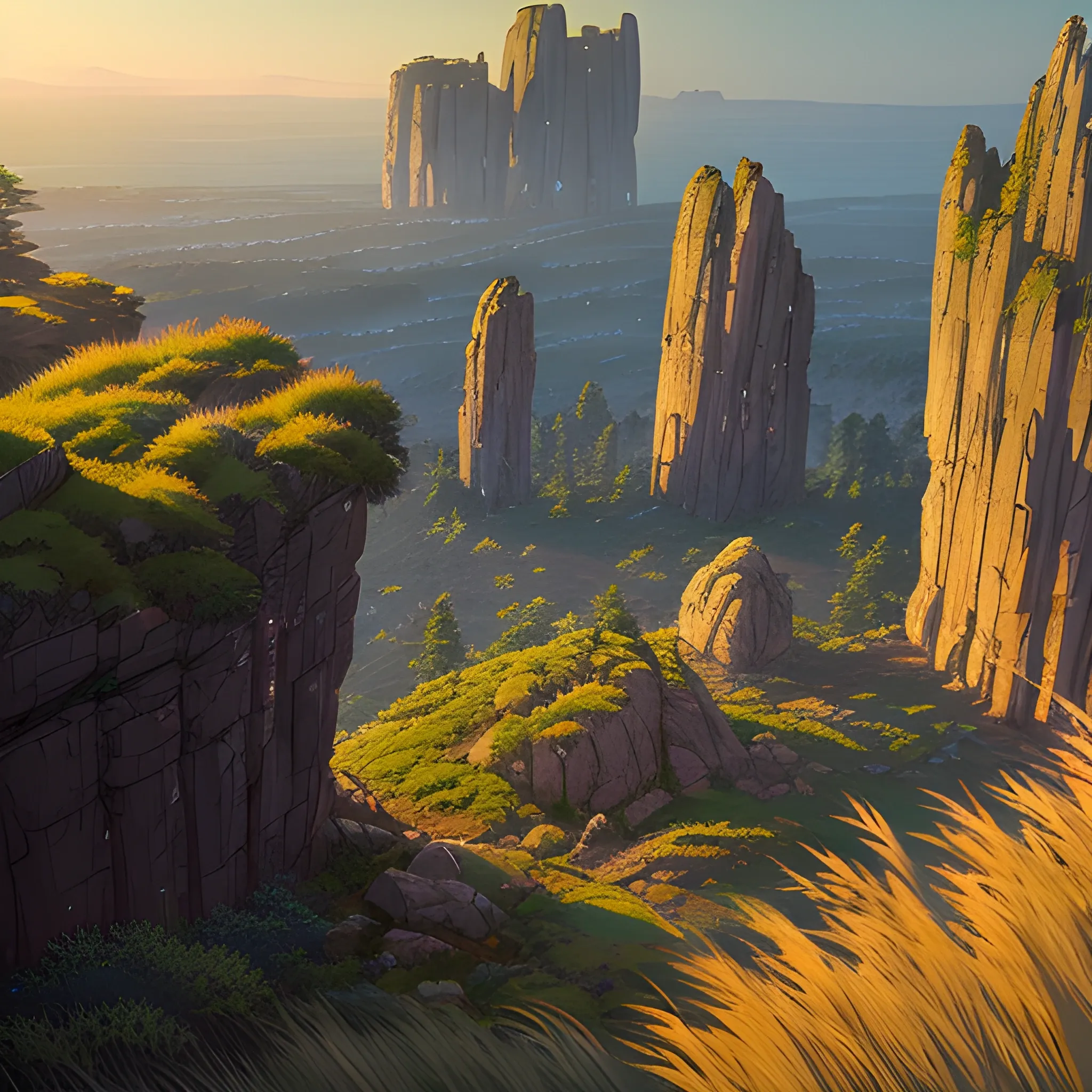 night, a top view of a giants rocks, grasses... in the style of makoto shinkai and greg rutkowski and albert bierstadt and james gurney