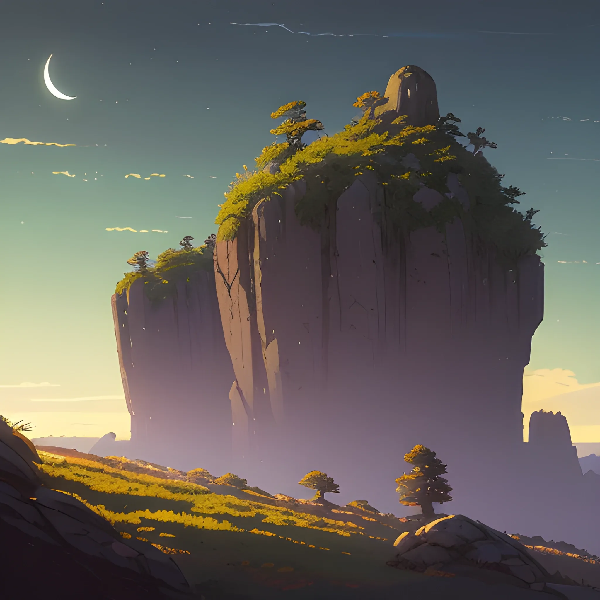 night, a top view of a giants rocks, grasses... in the style of makoto shinkai and greg rutkowski and albert bierstadt and james gurney